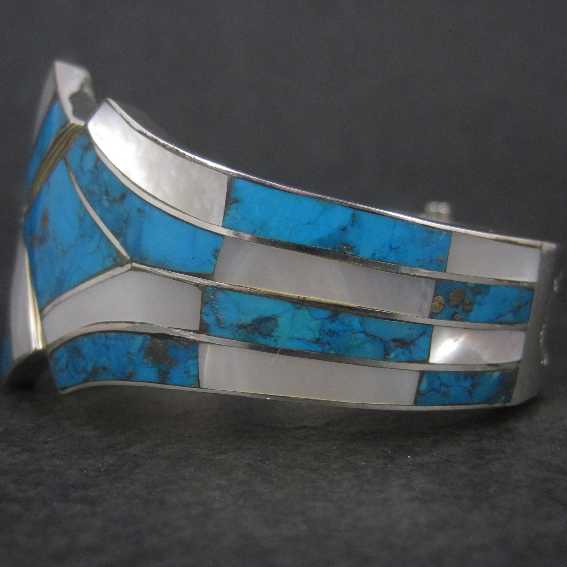 Vintage Southwestern Sterling Turquoise Mother of Pearl Clamper Bracelet 6.75"