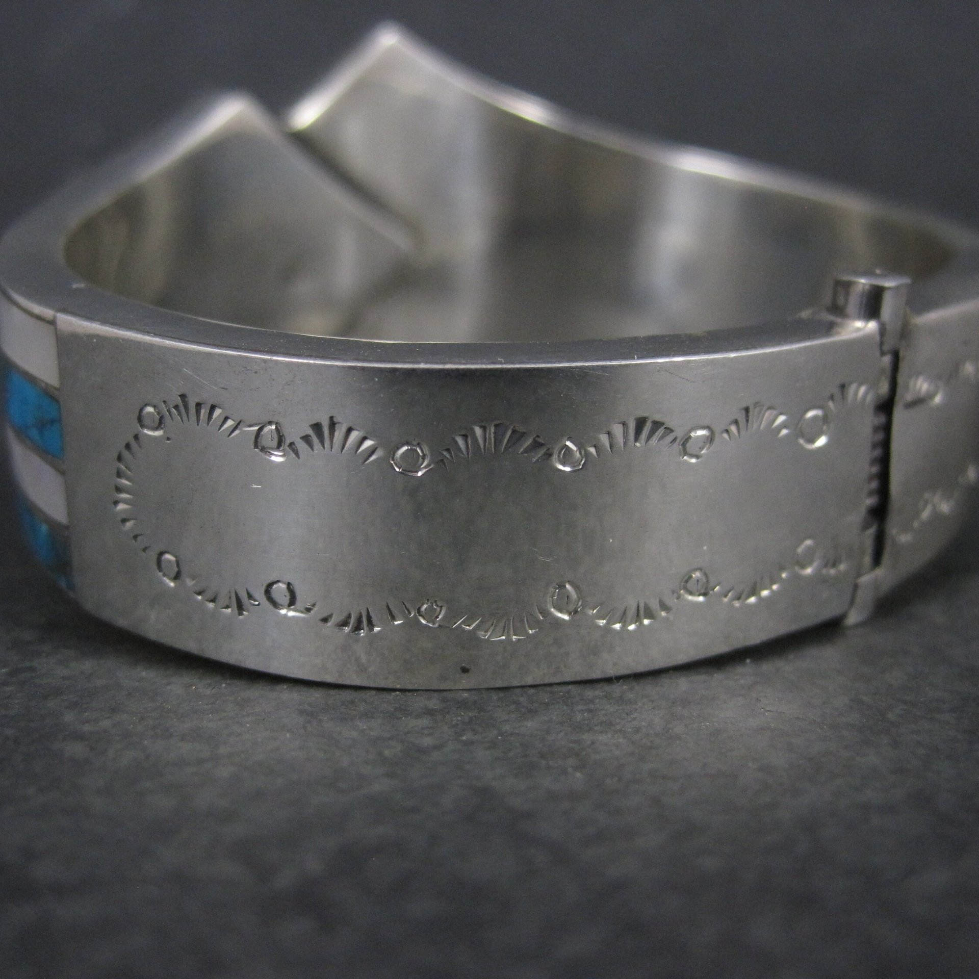 Vintage Southwestern Sterling Turquoise Mother of Pearl Clamper Bracelet 6.75"