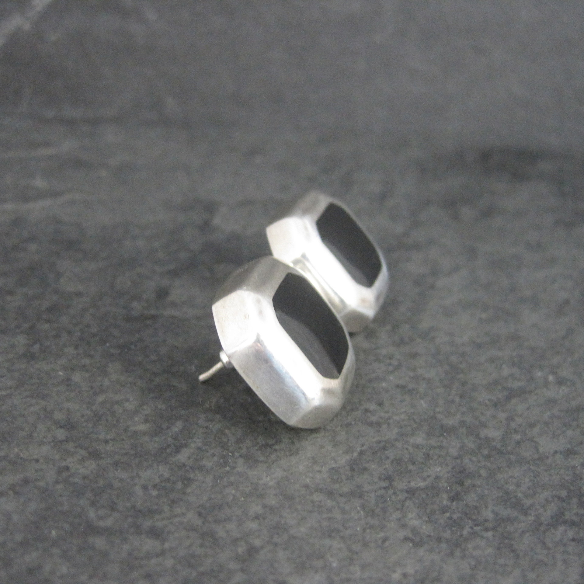 Vintage Mexican Sterling Black Enamel Inlay Earrings