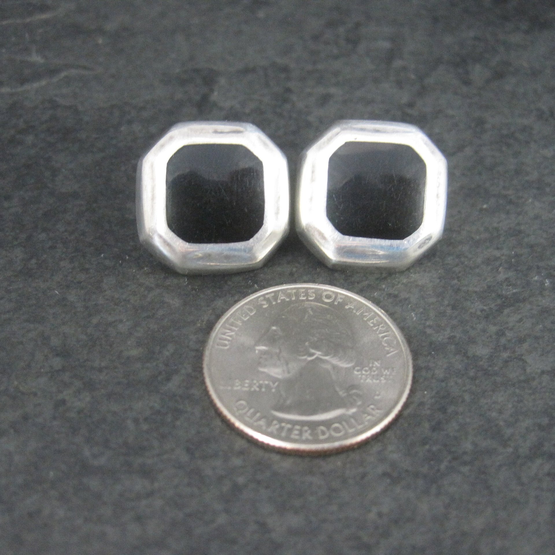 Vintage Mexican Sterling Black Enamel Inlay Earrings