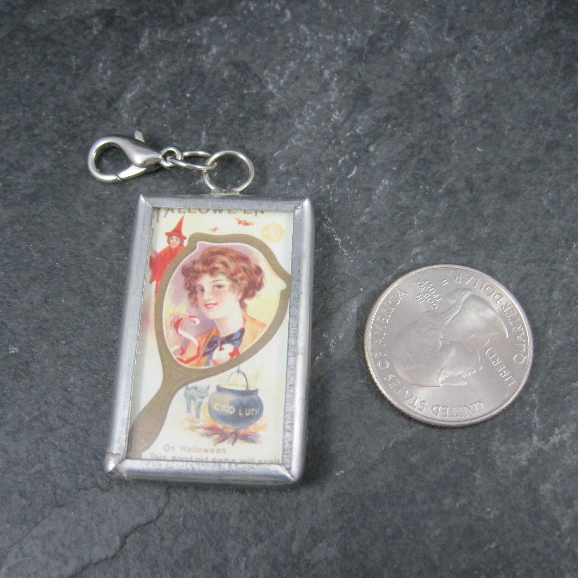 Vintage Halloween When Witches Go Riding Postcard Pendant Charm