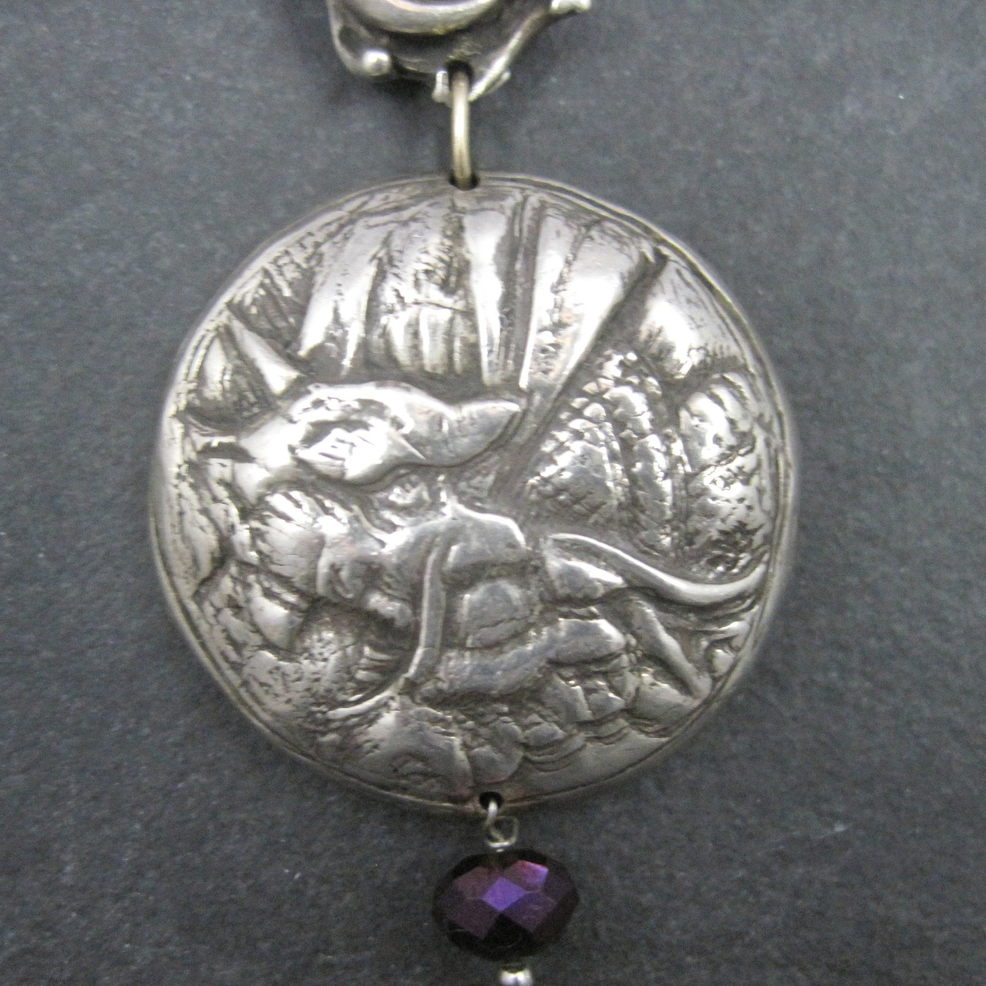 Heavy Sterling Amethyst Dragon Moon Pendant Necklace