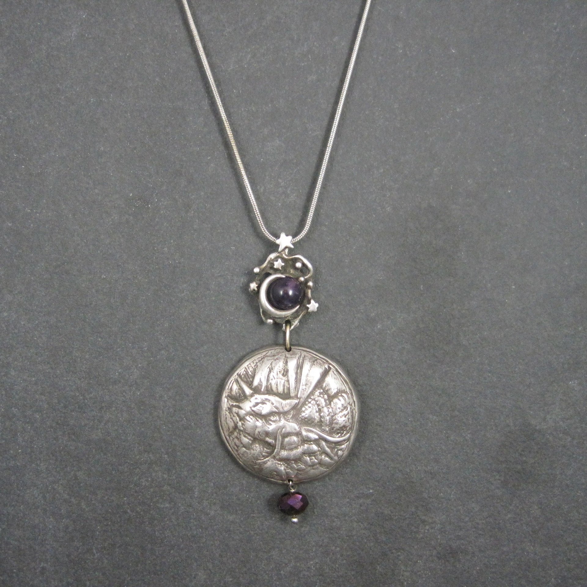Heavy Sterling Amethyst Dragon Moon Pendant Necklace