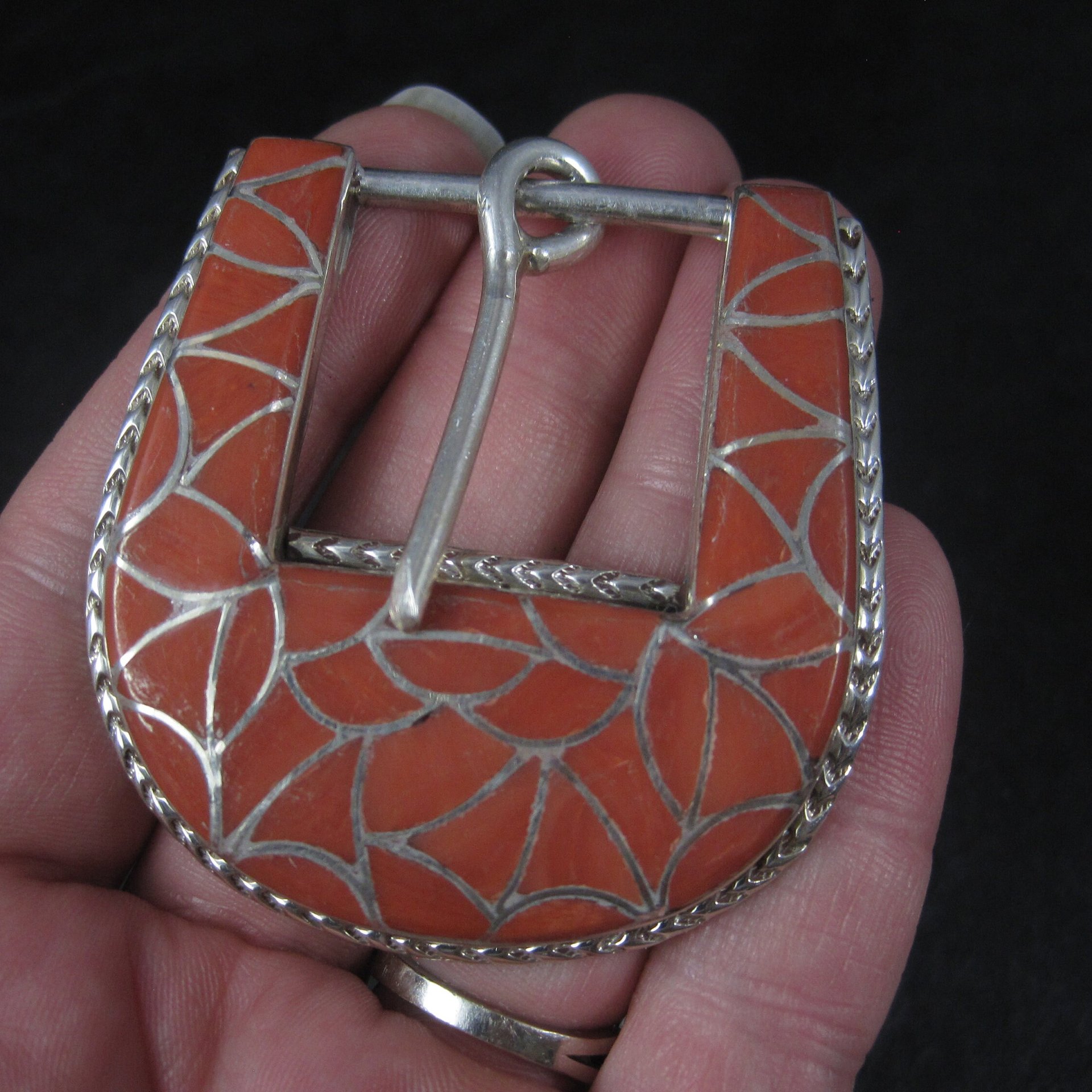 Southwestern Sterling Coral Inlay Belt Buckle Set