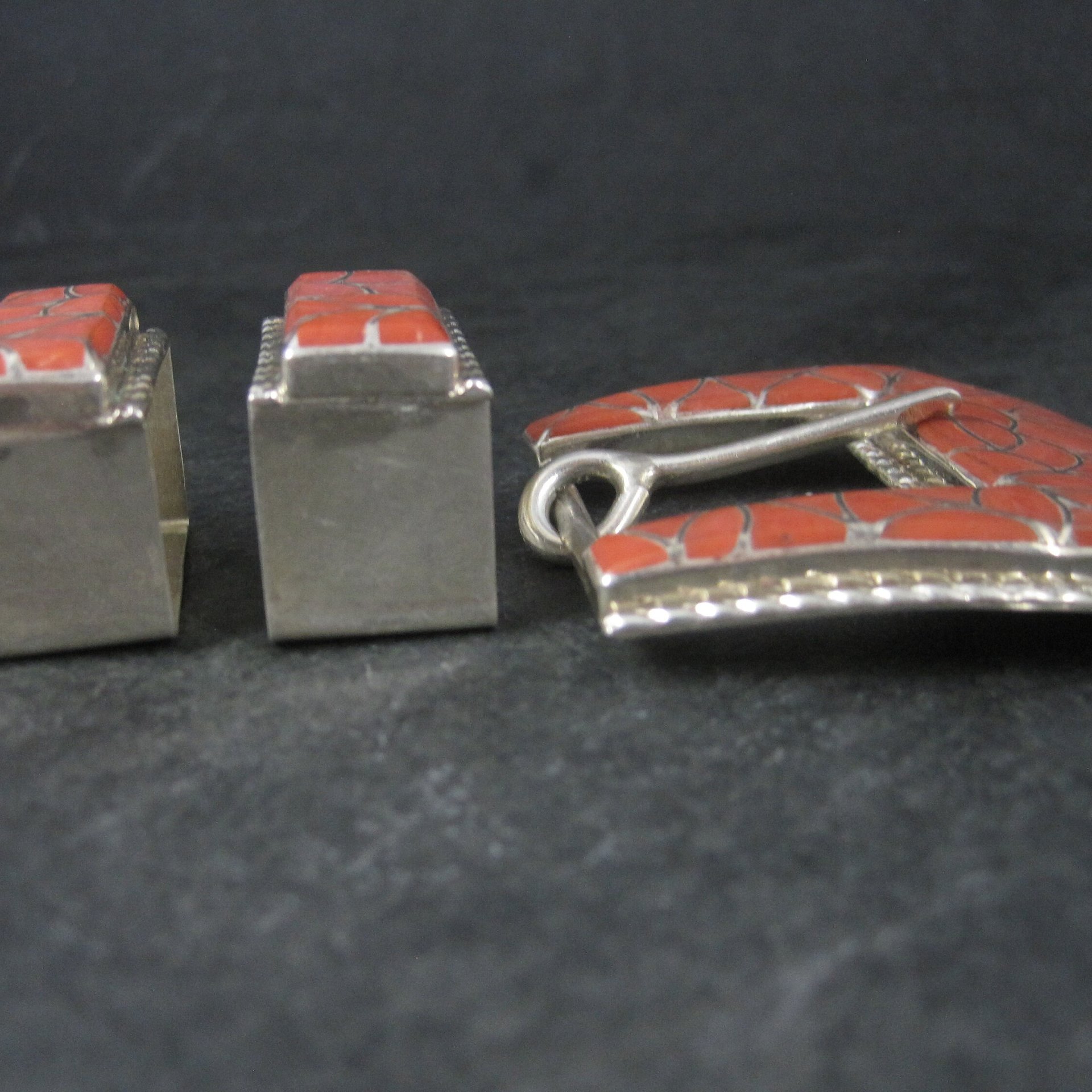 Southwestern Sterling Coral Inlay Belt Buckle Set