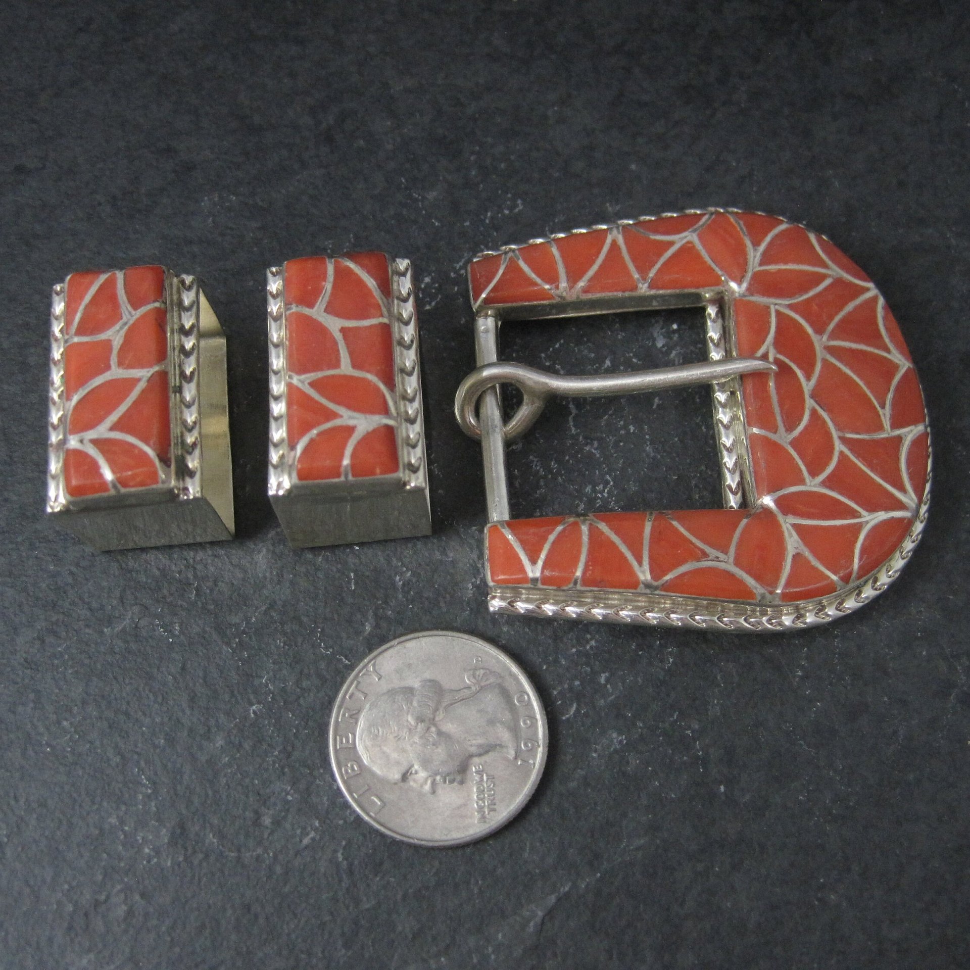 Southwestern Sterling Coral Inlay Belt Buckle Set