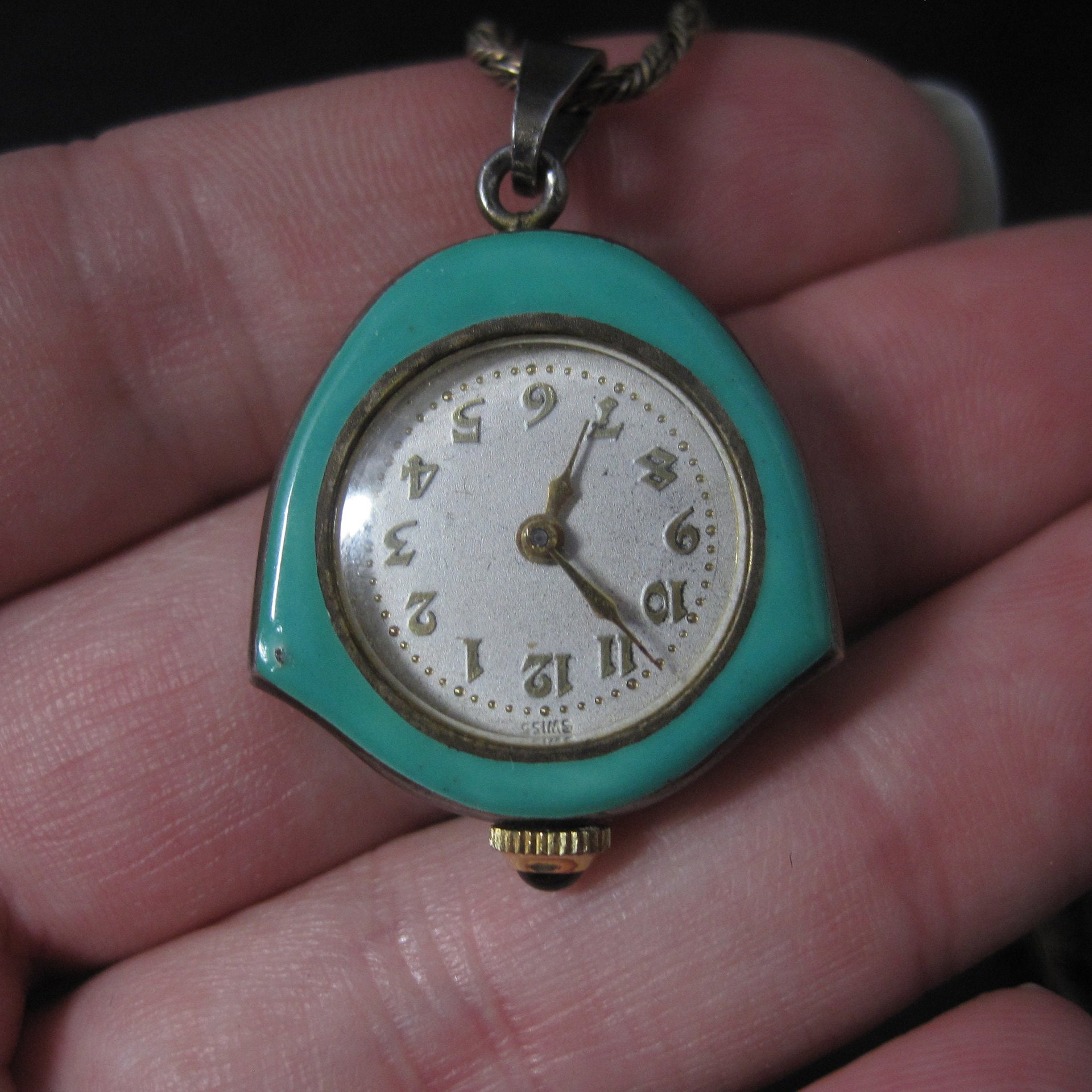Art Deco Sterling Swiss Enamel Watch Pendant