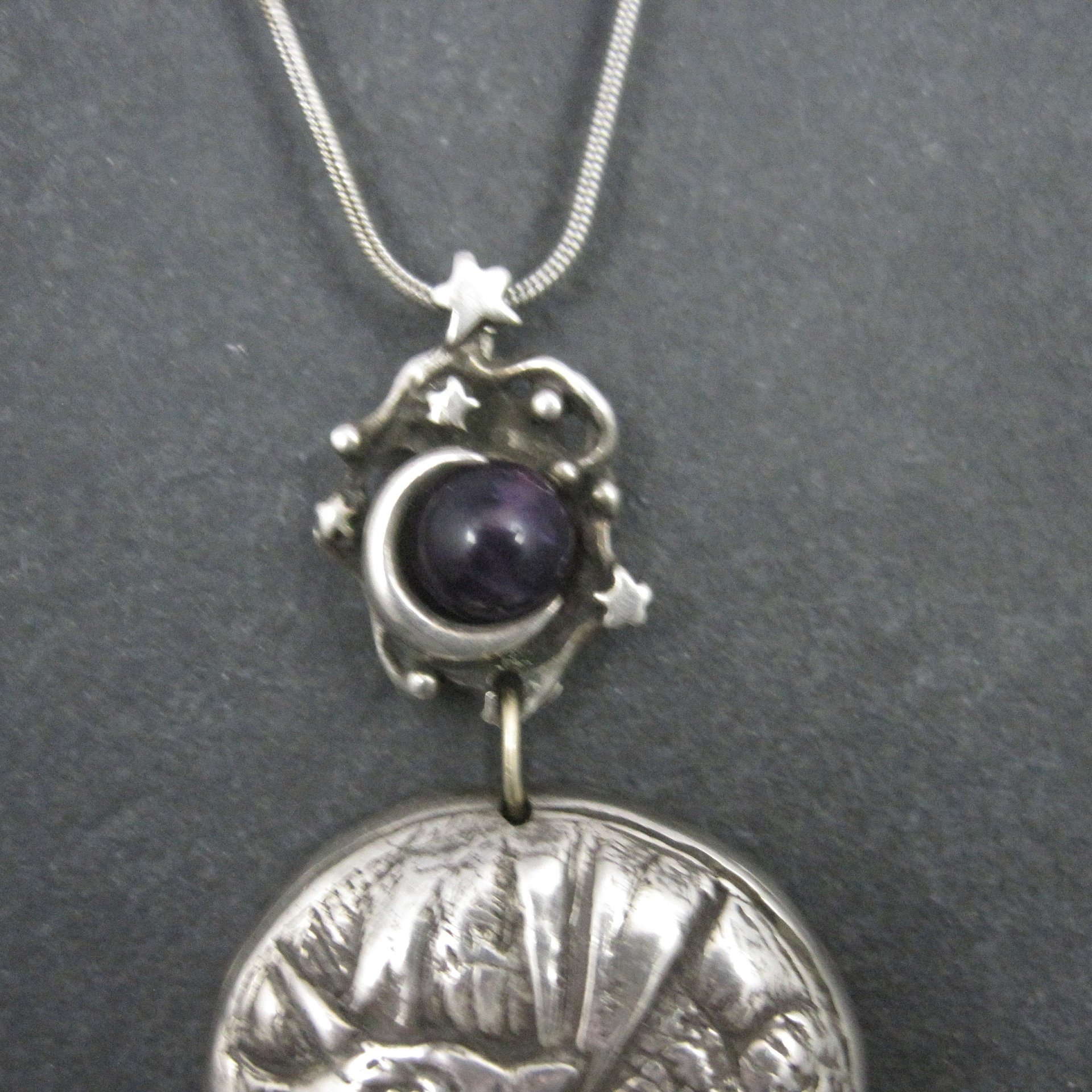 Heavy Sterling Amethyst Dragon Moon Pendant Necklace