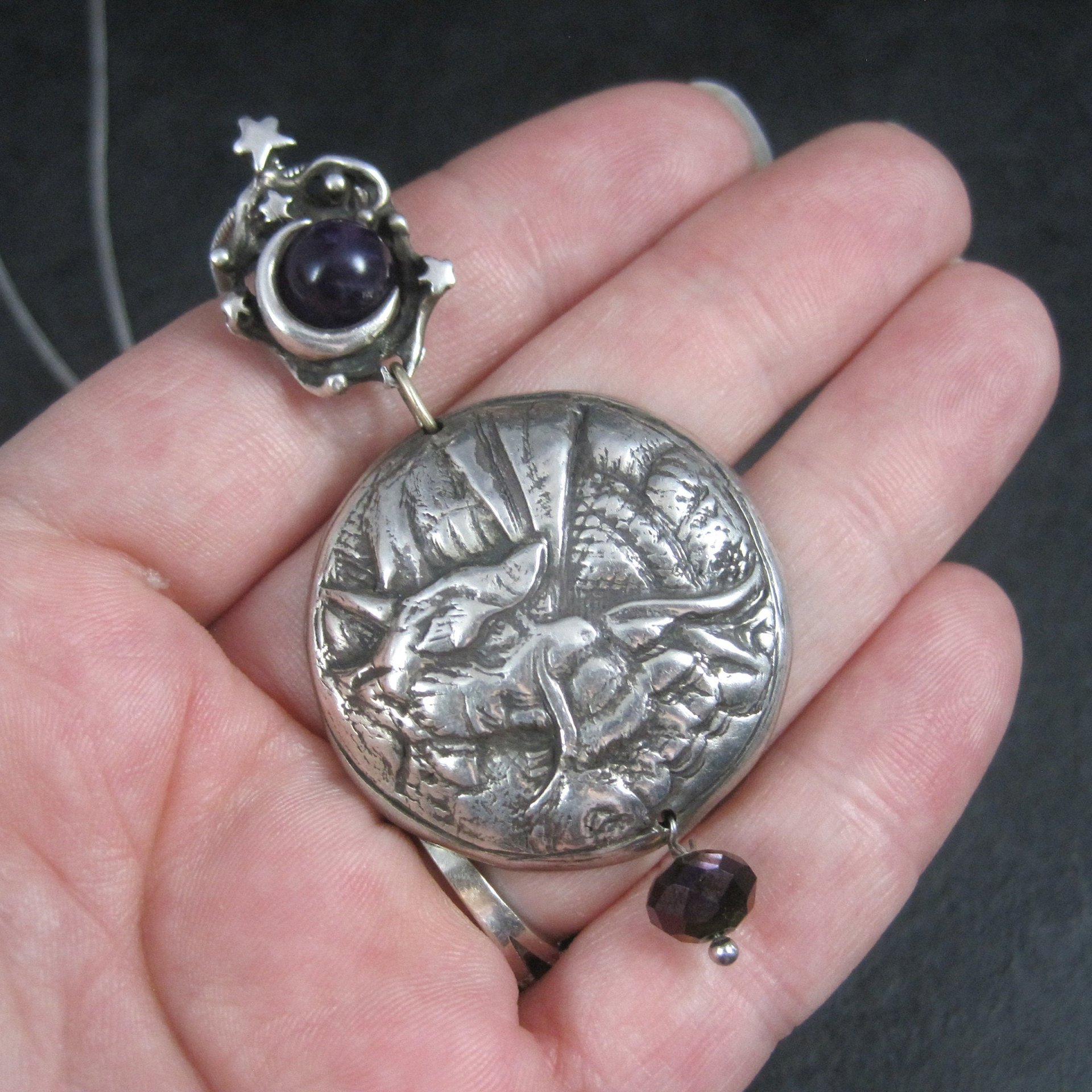 Heavy Sterling Amethyst Dragon Moon Pendant Necklace