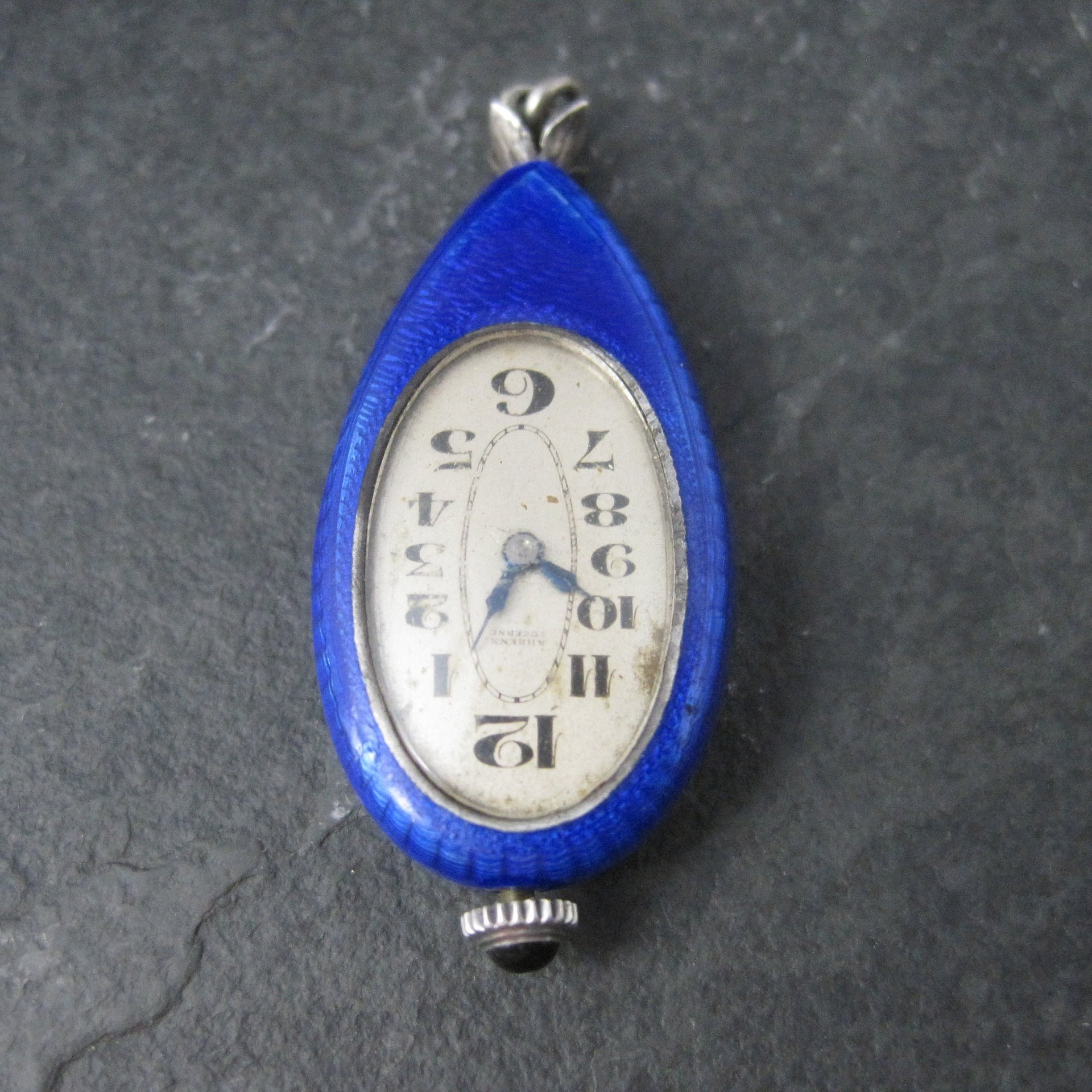 Ahrens Lucerne Art Deco Sterling Blue Enamel Watch Pendant