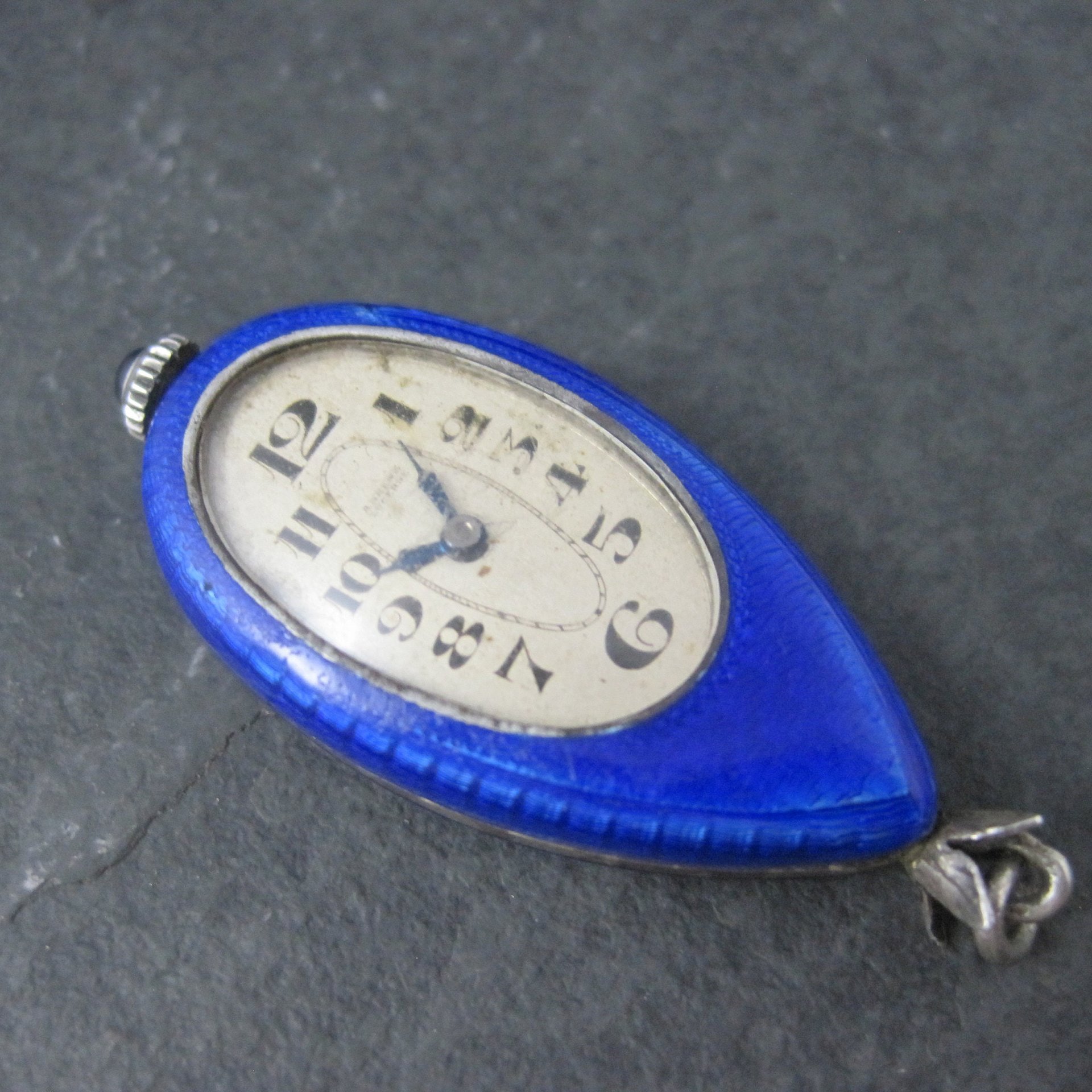Ahrens Lucerne Art Deco Sterling Blue Enamel Watch Pendant