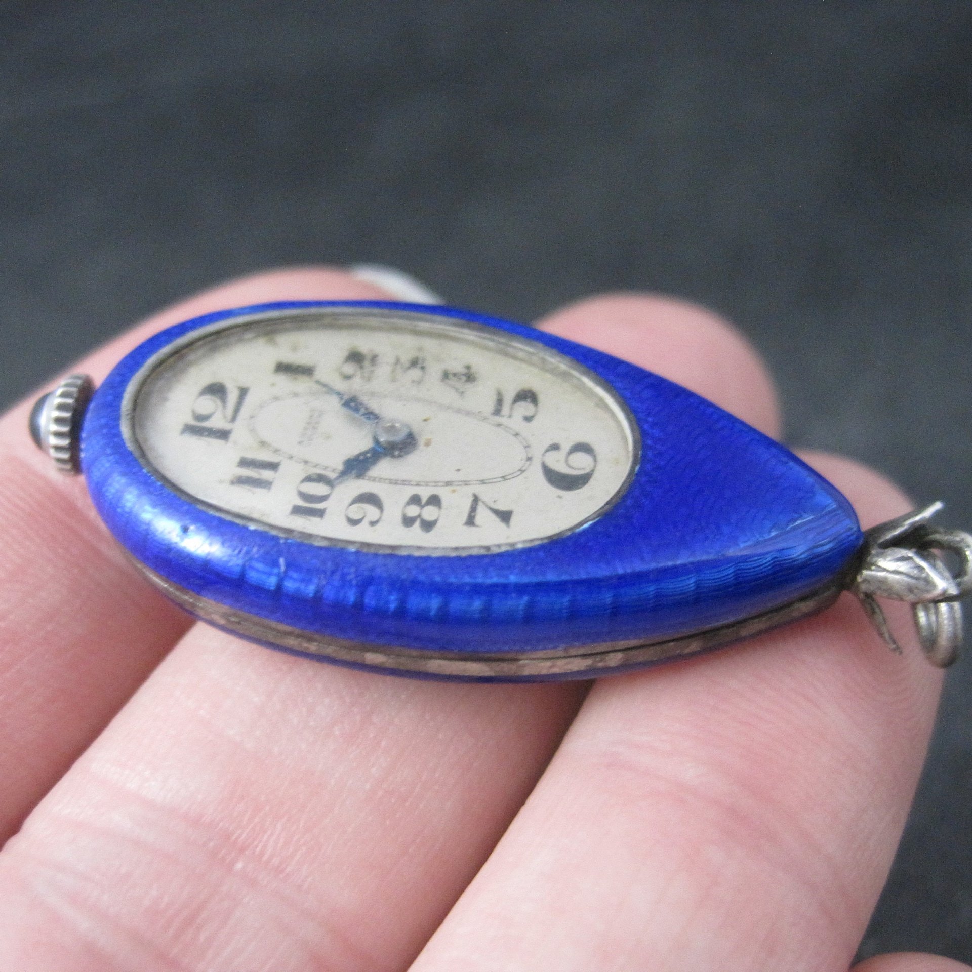 Ahrens Lucerne Art Deco Sterling Blue Enamel Watch Pendant
