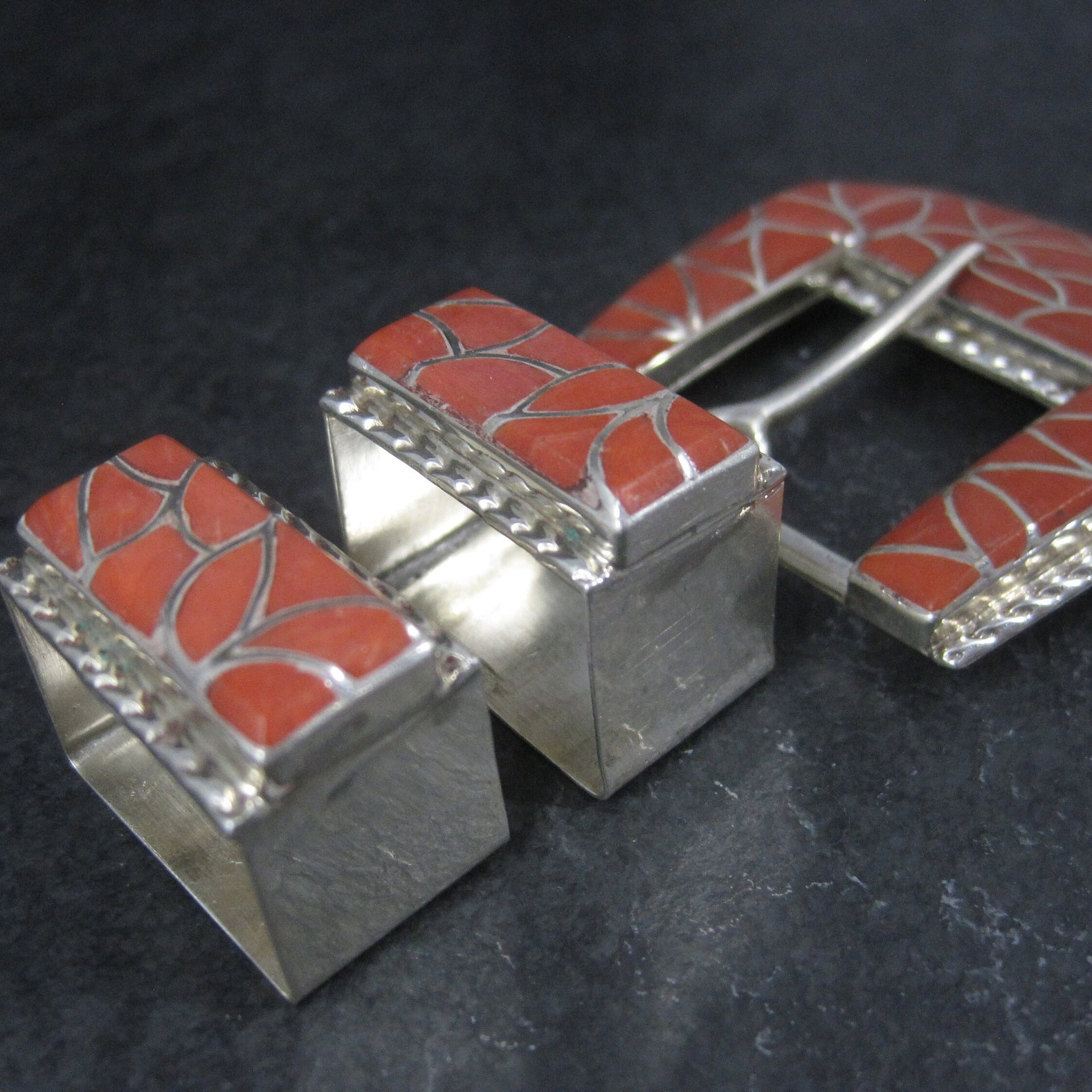 Southwestern Sterling Coral Inlay Belt Buckle Set