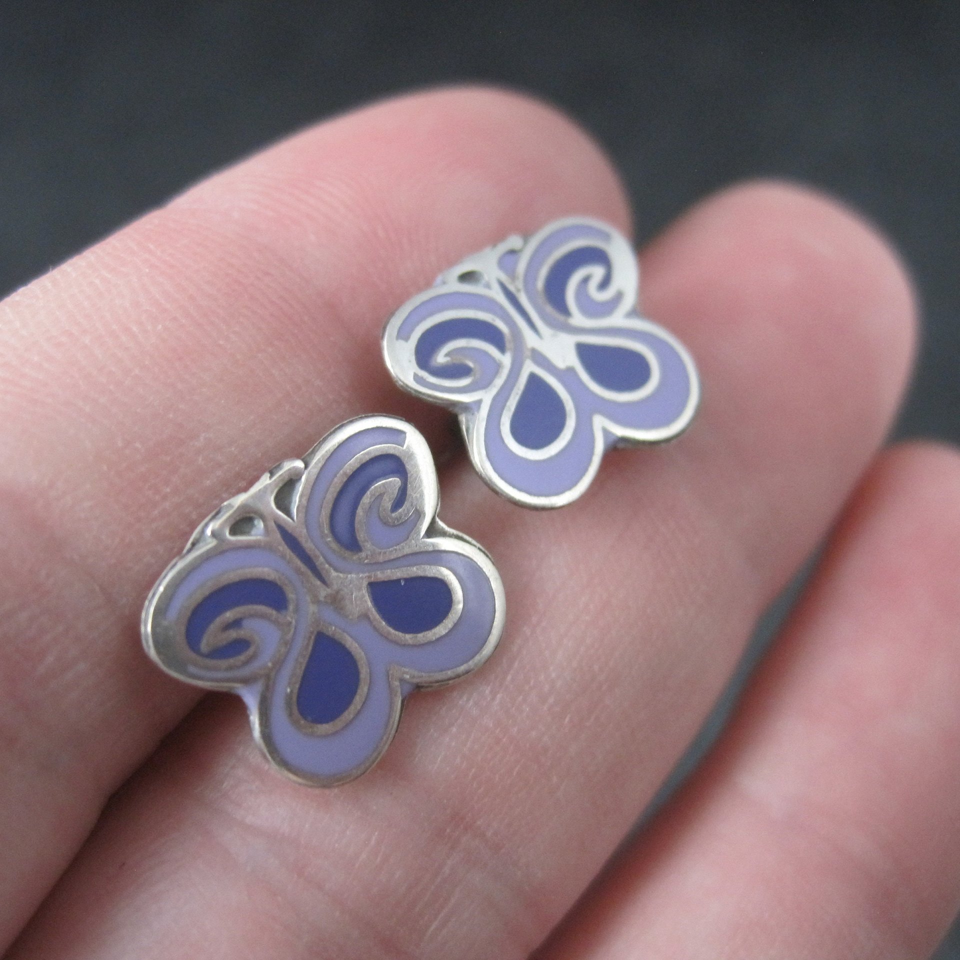 Vintage Sterling Purple Enamel Butterfly Pendant and Earrings Jewelry Set