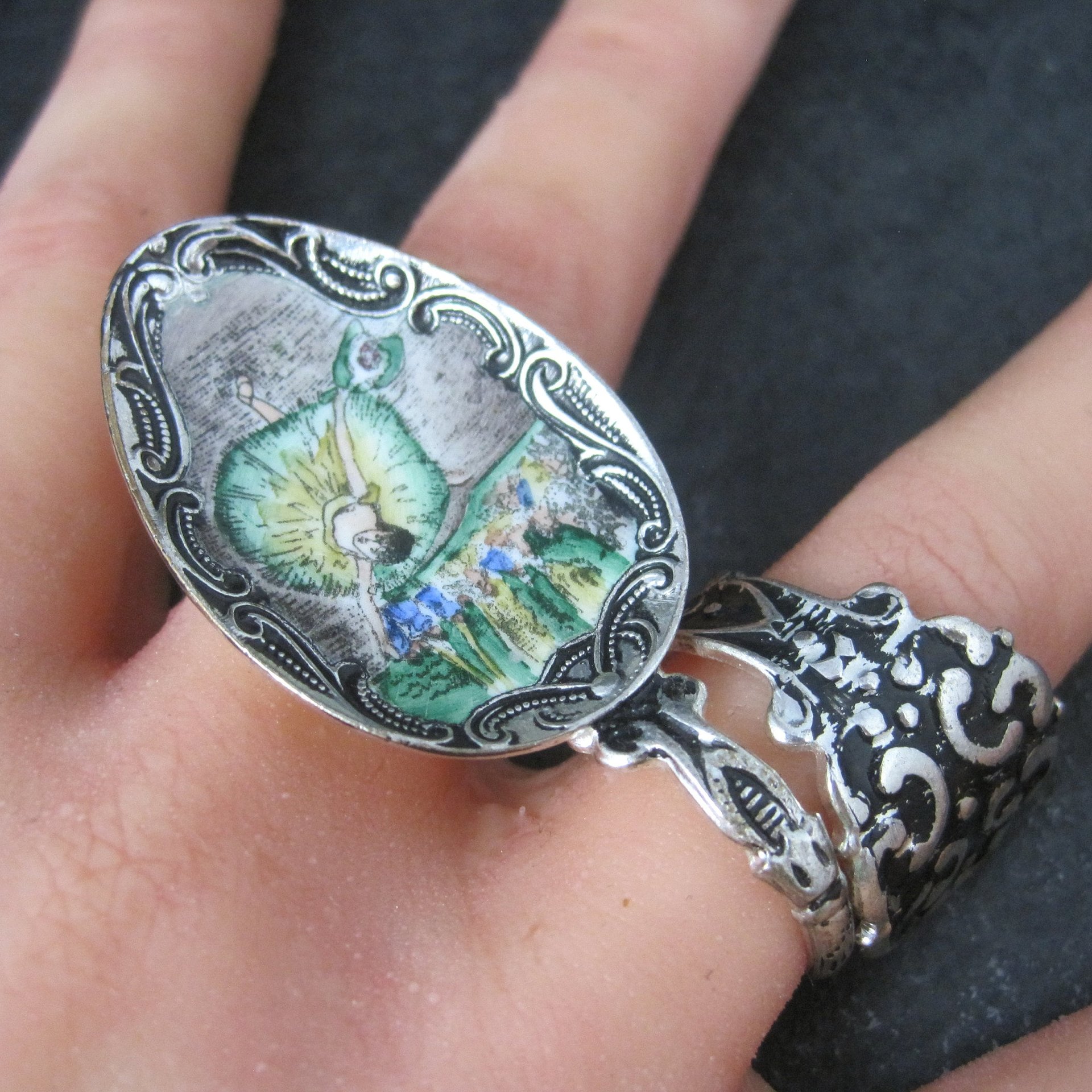 Vintage Enamel Hand Painted Ballerina Spoon Ring Size 9