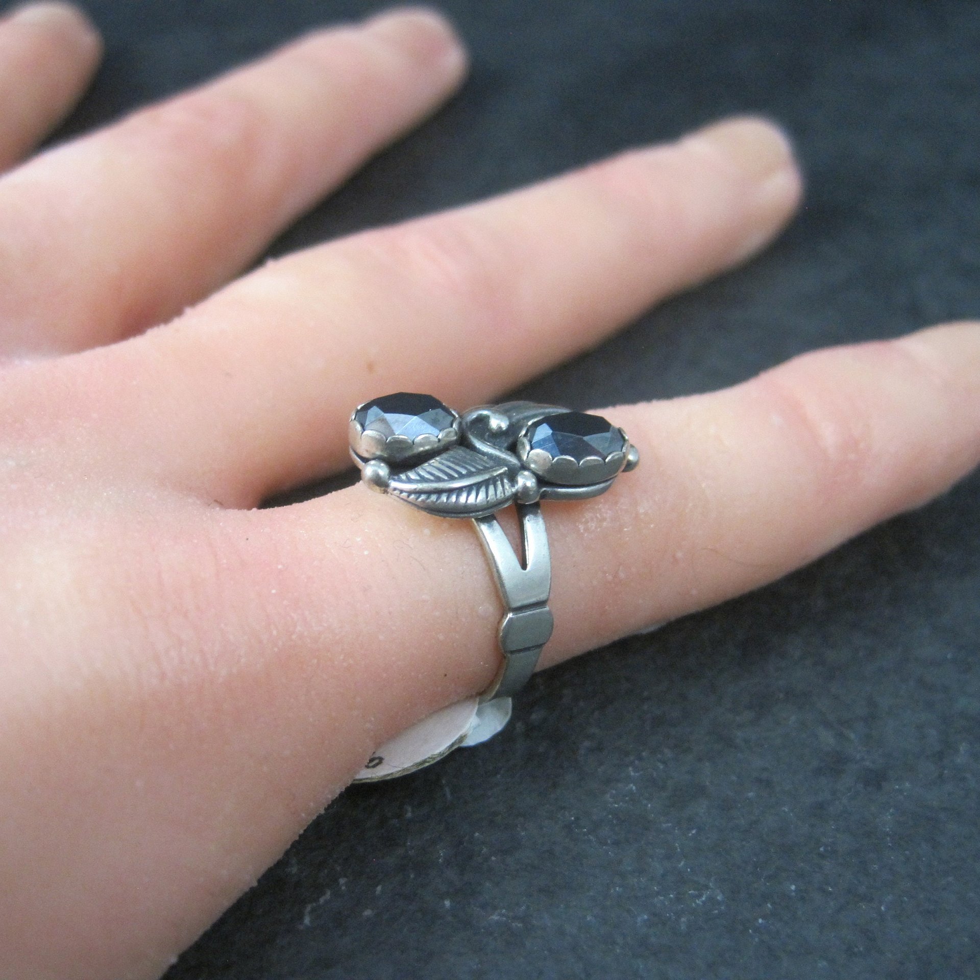 Vintage Southwestern Hematite Feather Ring