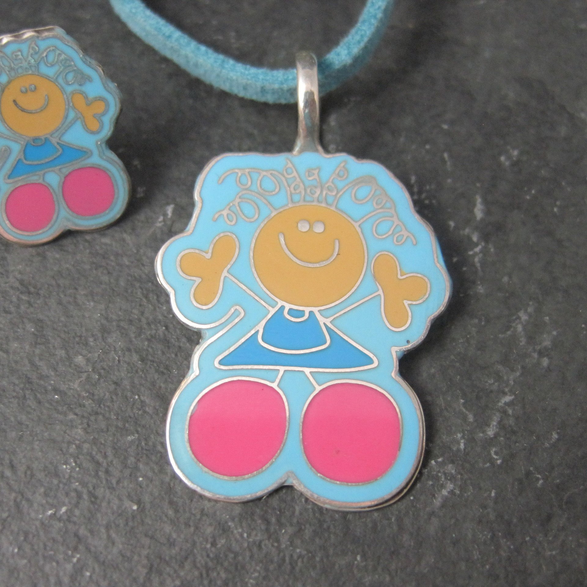 Vintage Enamel Sterling Girl Necklace Earrings Jewelry Set