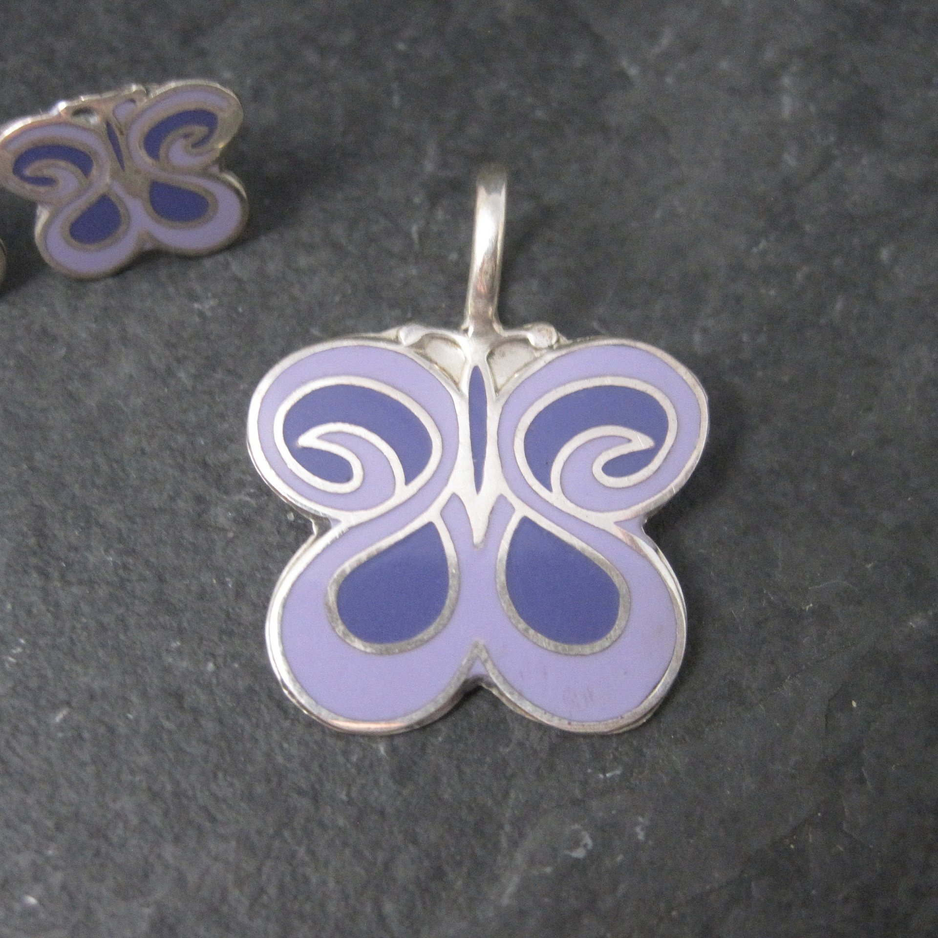Vintage Sterling Purple Enamel Butterfly Pendant and Earrings Jewelry Set