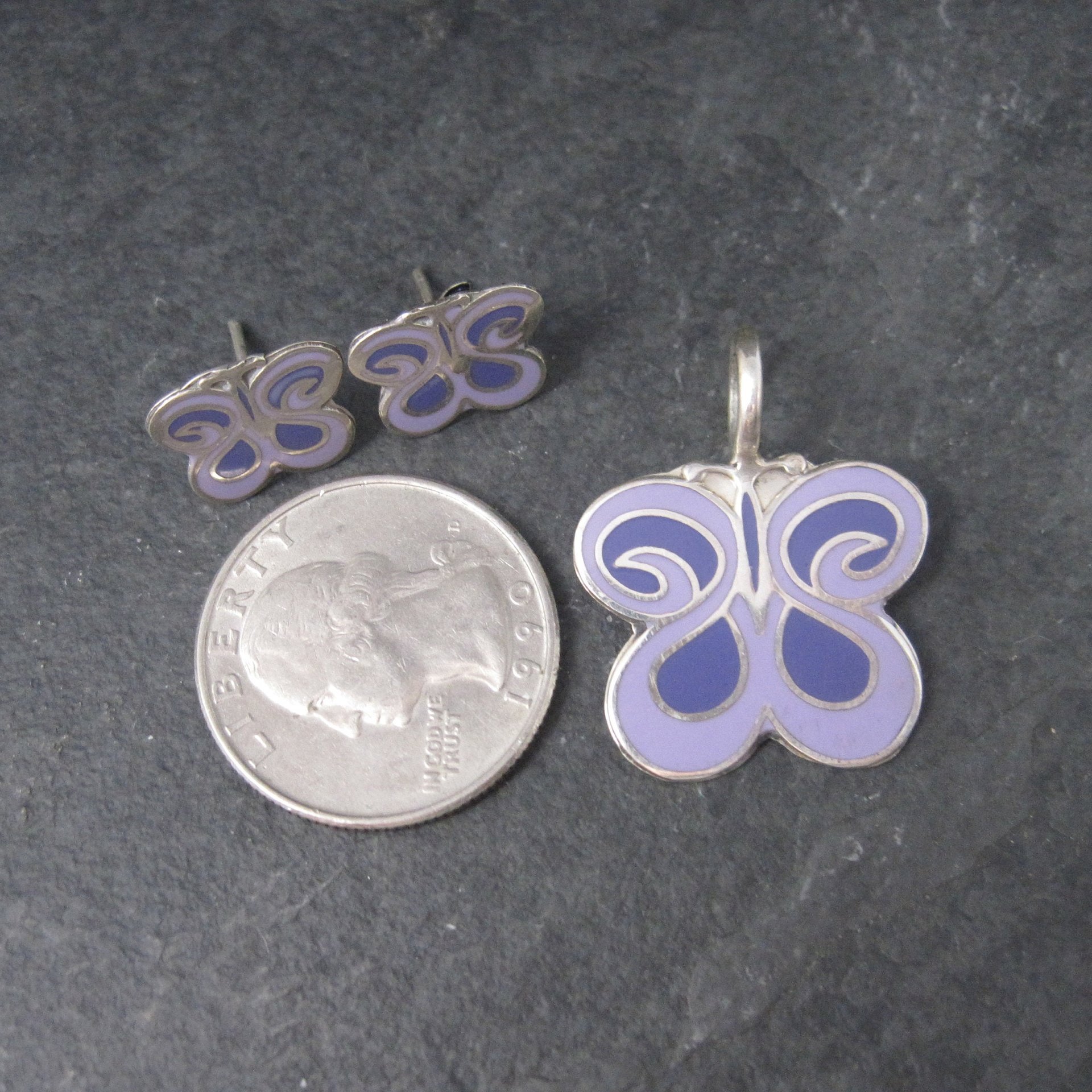 Vintage Sterling Purple Enamel Butterfly Pendant and Earrings Jewelry Set
