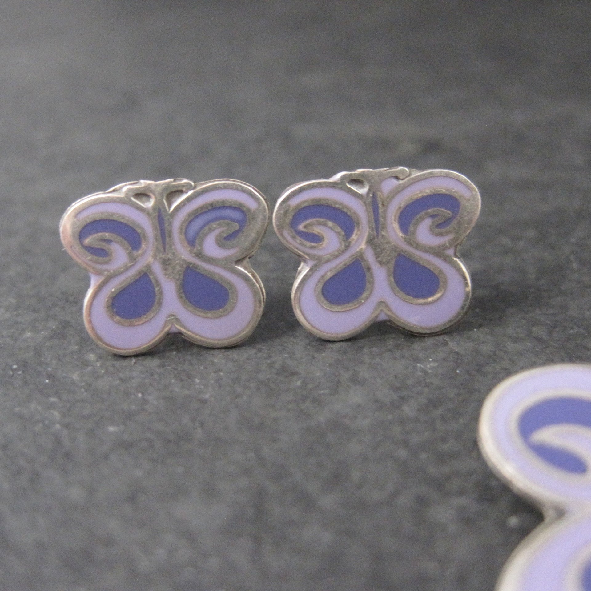 Vintage Sterling Purple Enamel Butterfly Pendant and Earrings Jewelry Set
