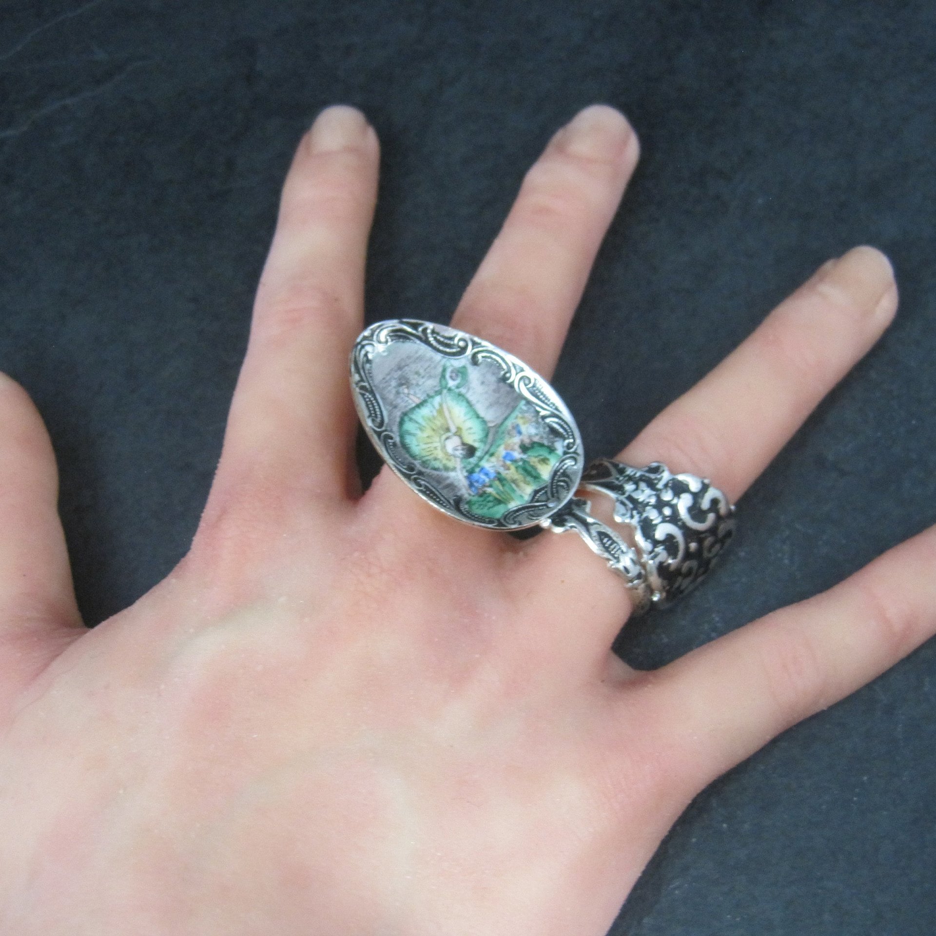 Vintage Enamel Hand Painted Ballerina Spoon Ring Size 9