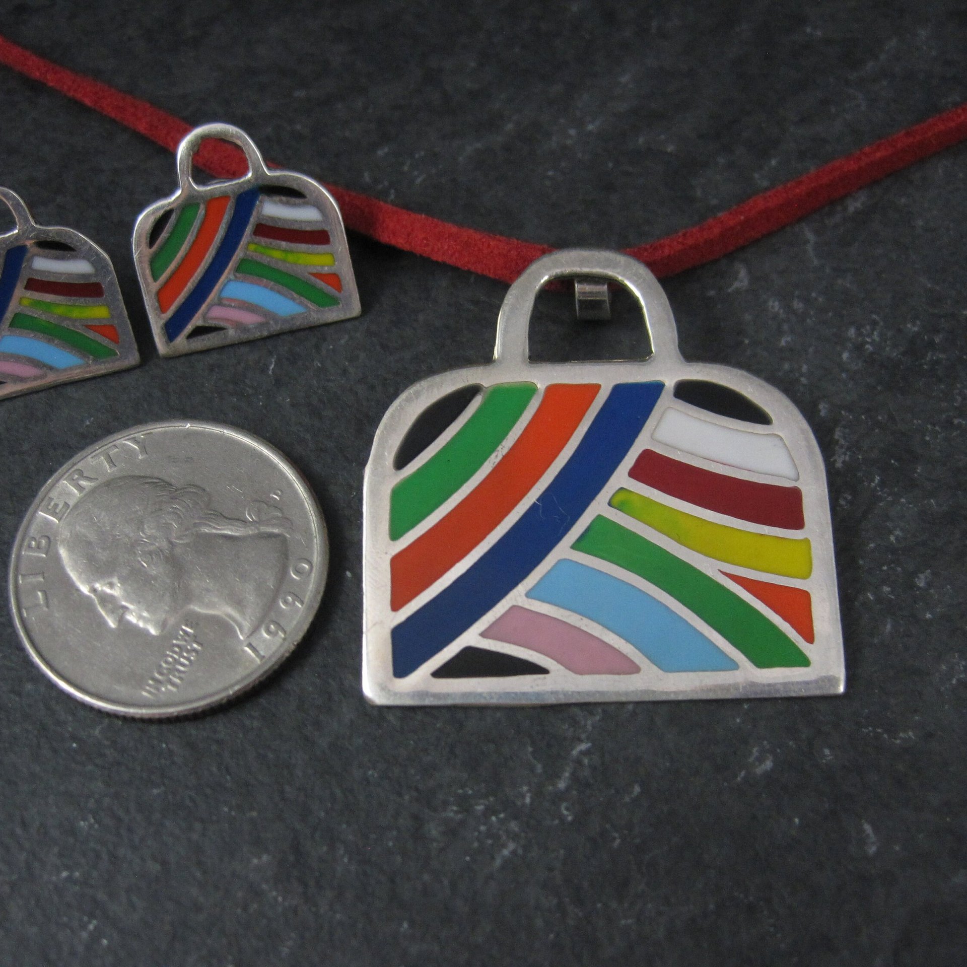 Vintage Enamel Sterling Handbag Necklace Earrings Jewelry Set