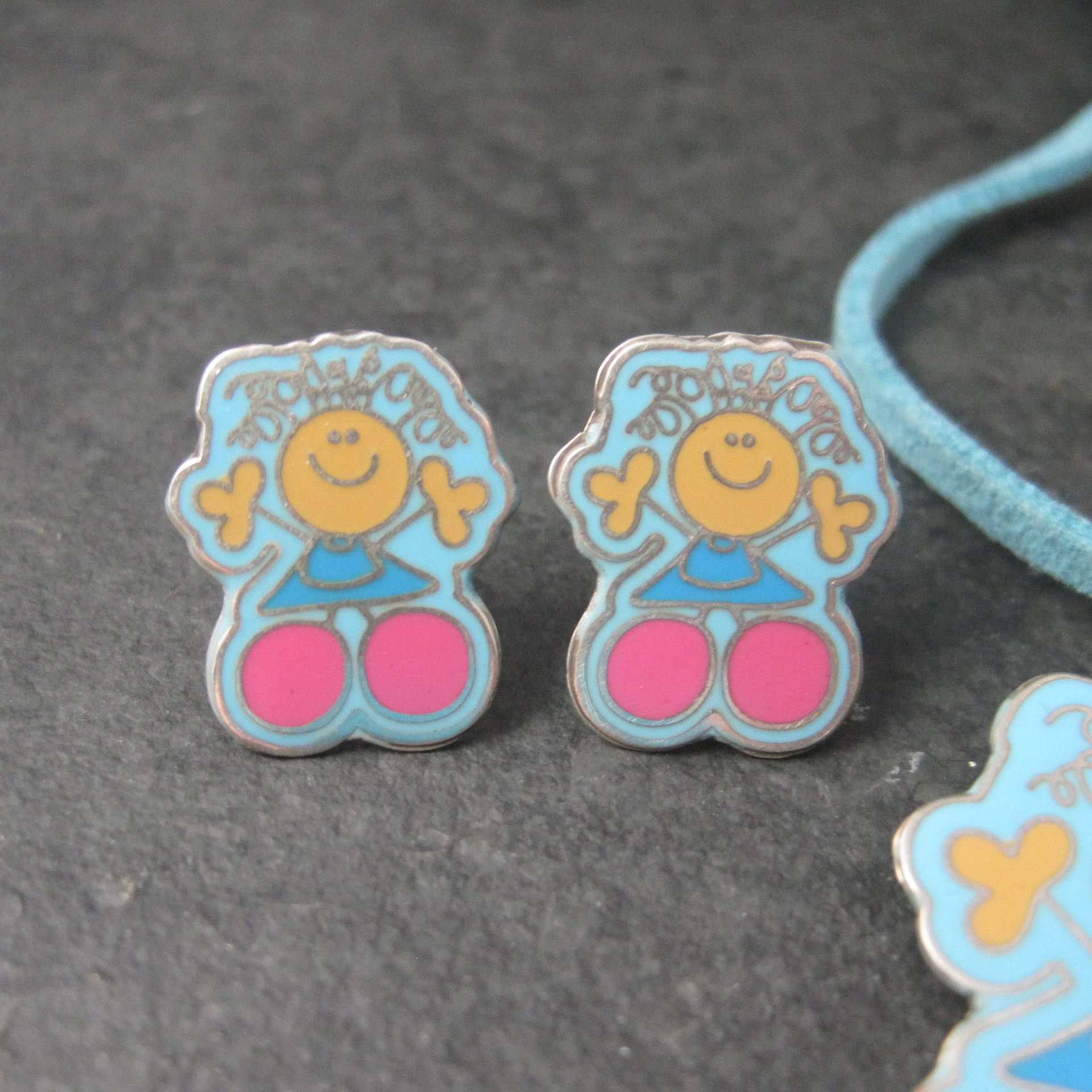Vintage Enamel Sterling Girl Necklace Earrings Jewelry Set