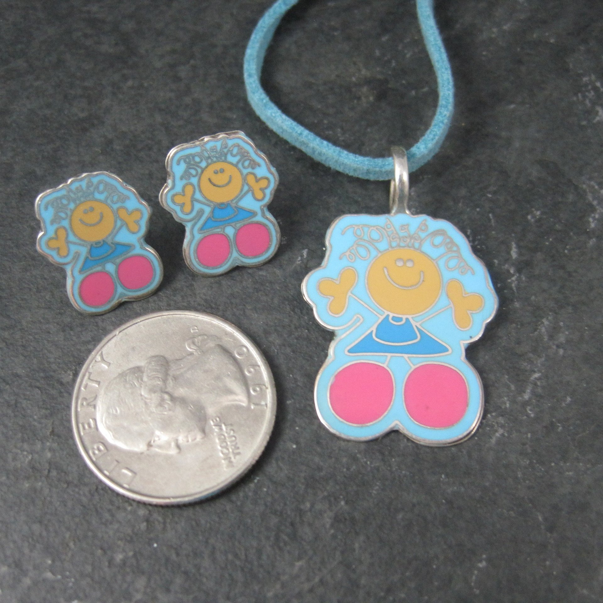 Vintage Enamel Sterling Girl Necklace Earrings Jewelry Set