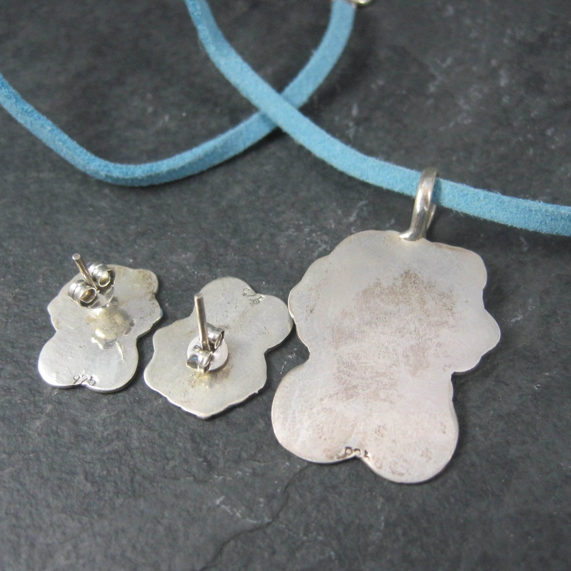 Vintage Enamel Sterling Girl Necklace Earrings Jewelry Set