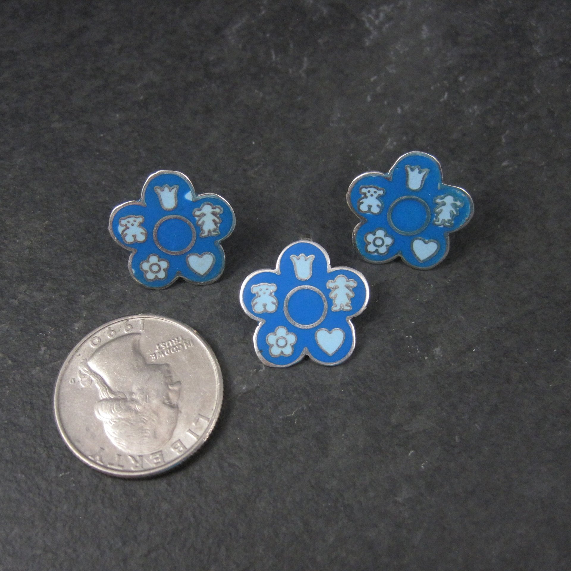 Vintage Sterling Blue Enamel Flower Pendant and Earrings Jewelry Set