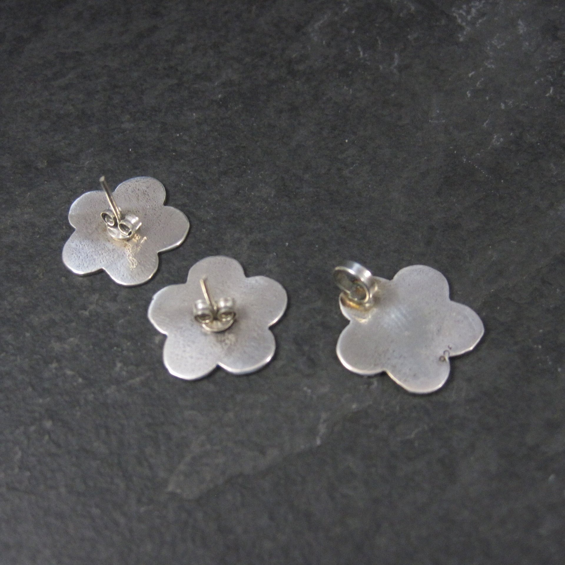 Vintage Sterling Blue Enamel Flower Pendant and Earrings Jewelry Set