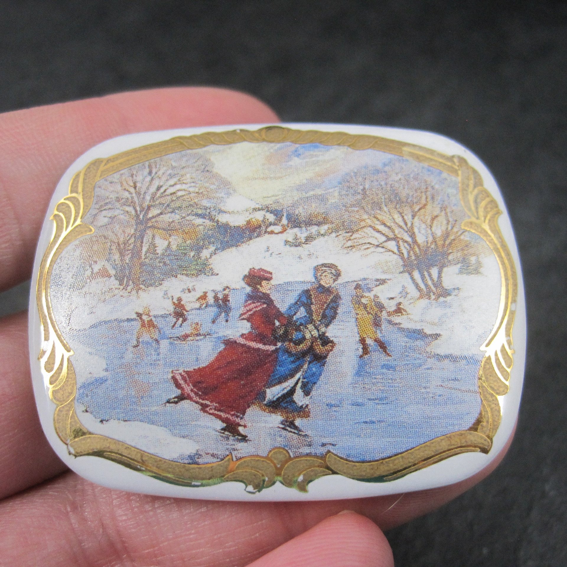 Vintage Porcelain 24K Ice Skating Brooch Avon