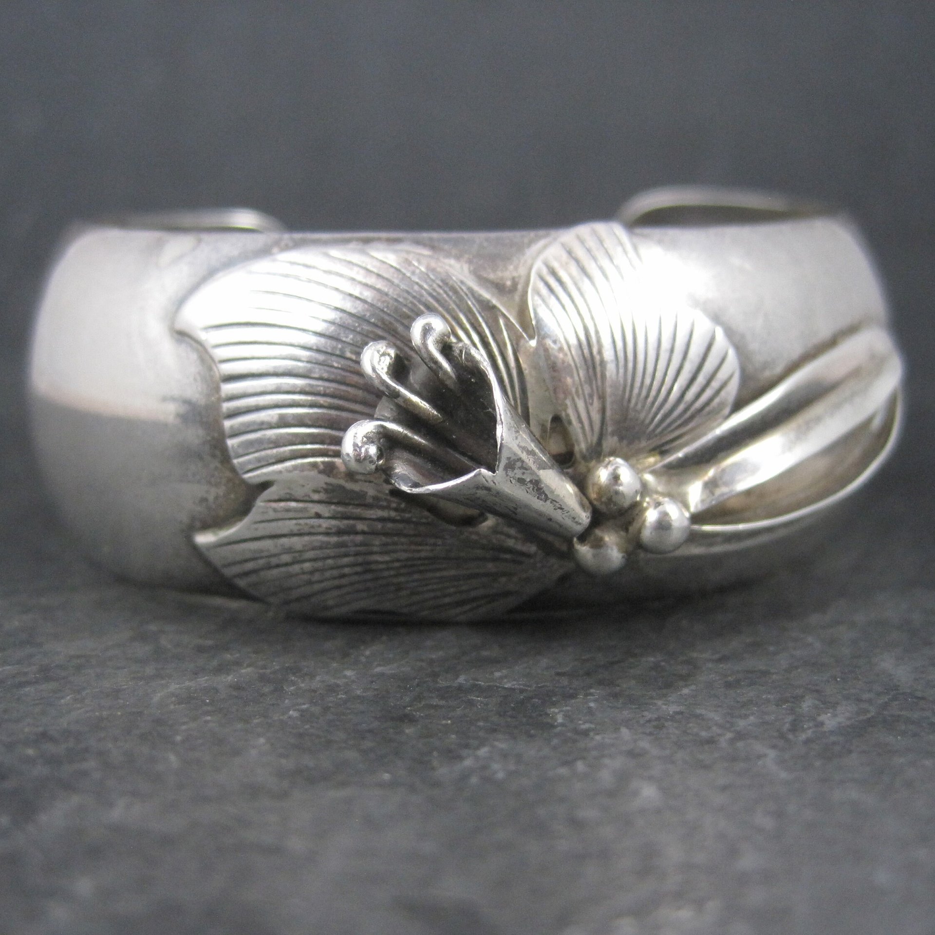 Vintage Carol Felley Orchid Cuff Bracelet Earrings Jewelry Set Sterling Silver 1987