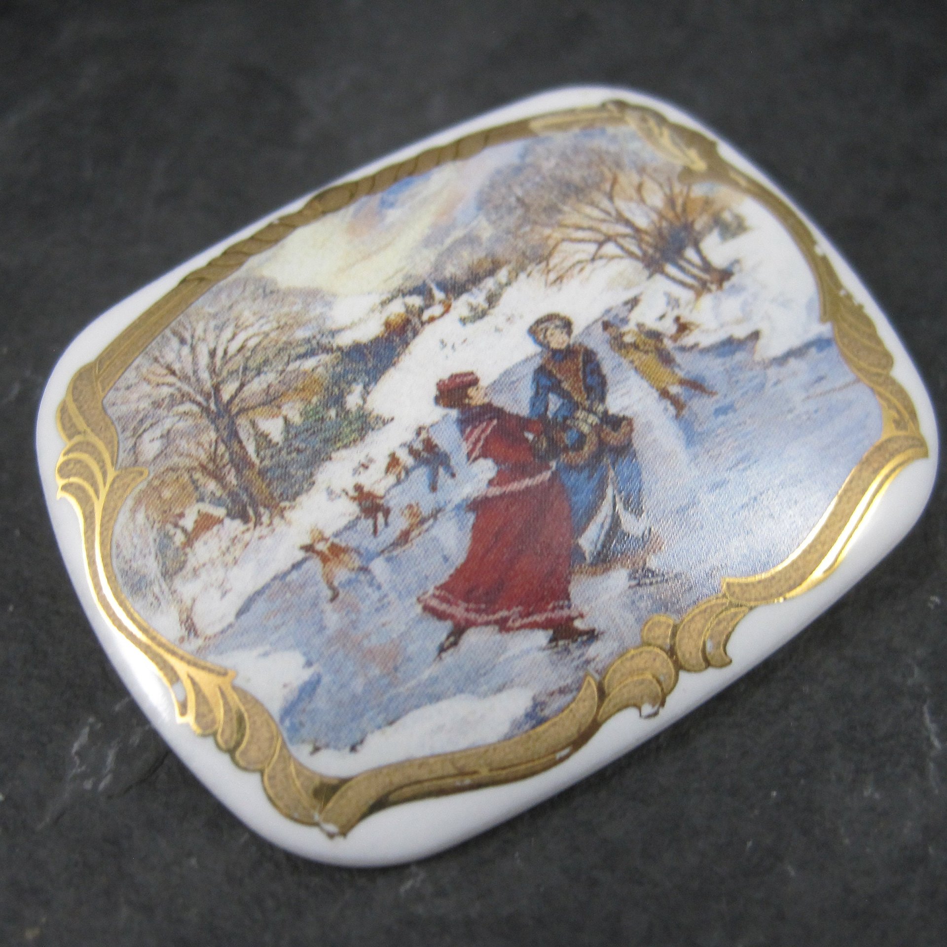 Vintage Porcelain 24K Ice Skating Brooch Avon