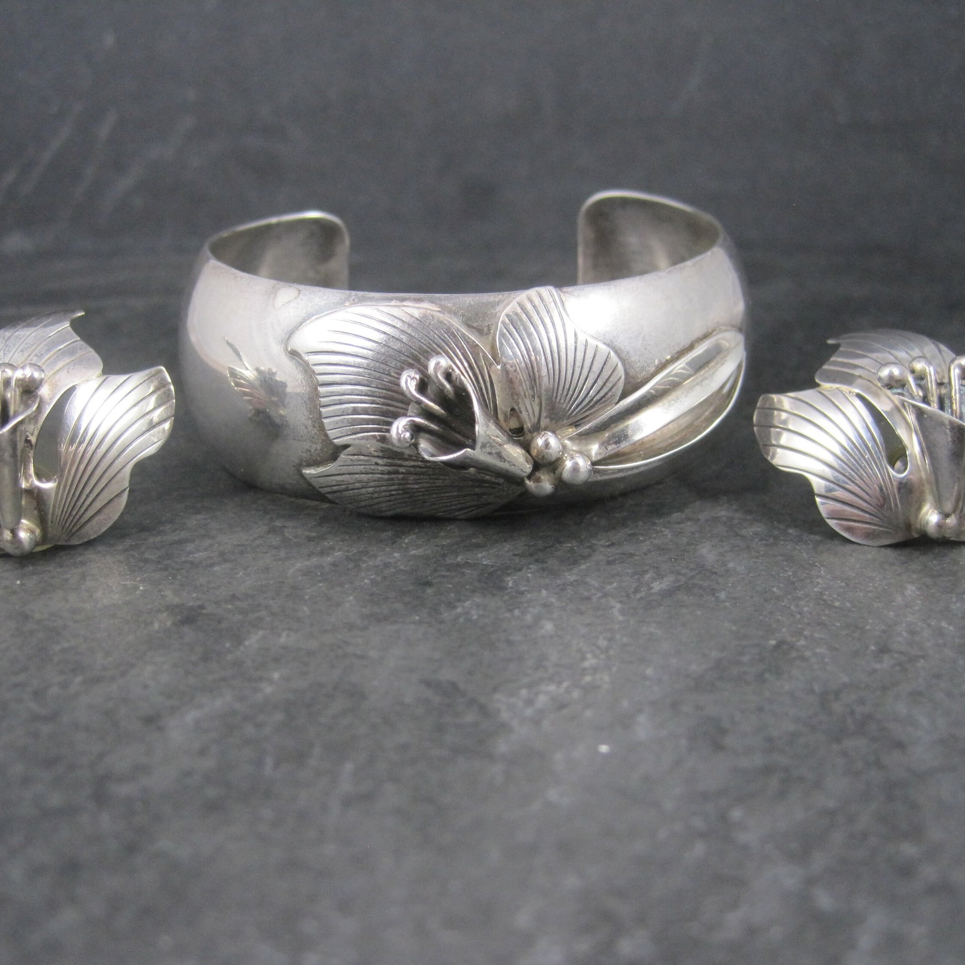 Vintage Carol Felley Orchid Cuff Bracelet Earrings Jewelry Set Sterling Silver 1987