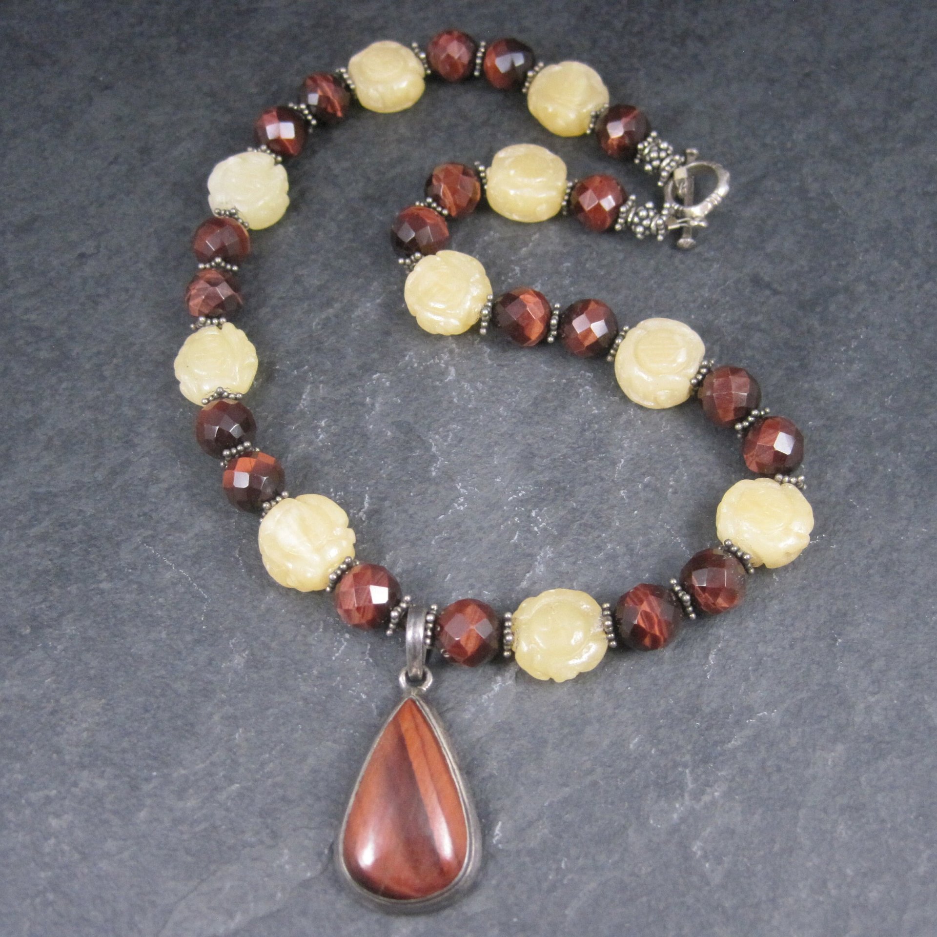 Vintage Sterling Red Tigers Eye Quartz Oriental Necklace