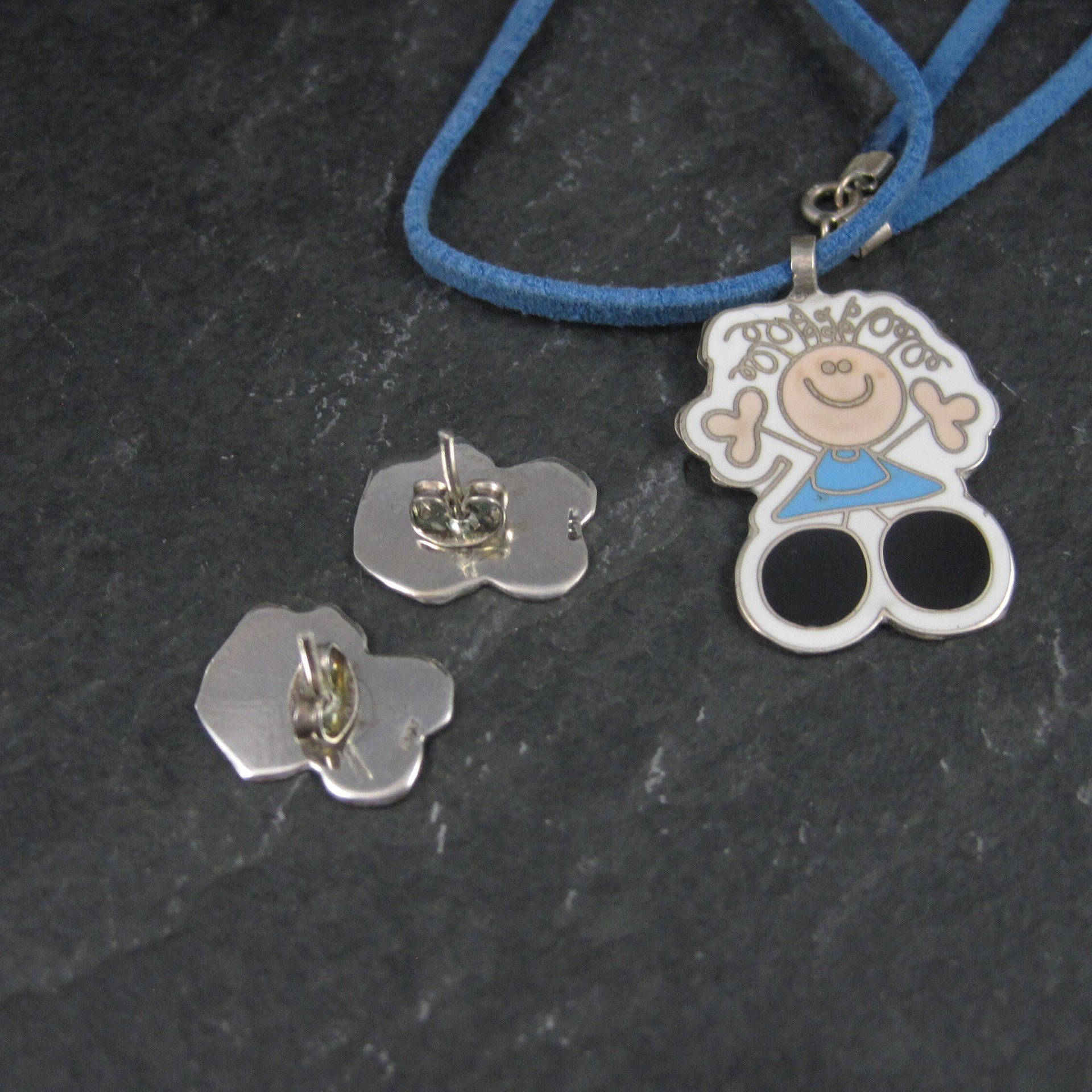 Vintage Enamel Sterling Girl Necklace Earrings Jewelry Set