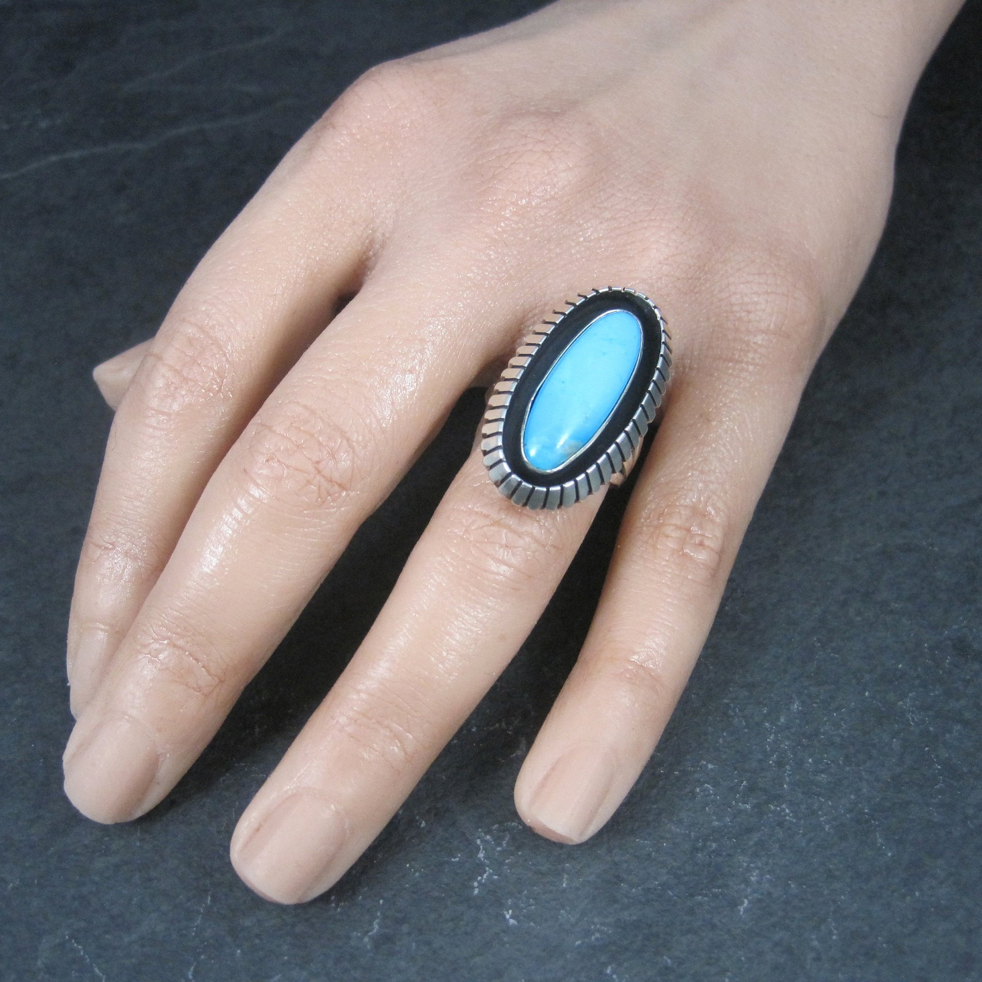 Large Turquoise Shadowbox Ring Size 8