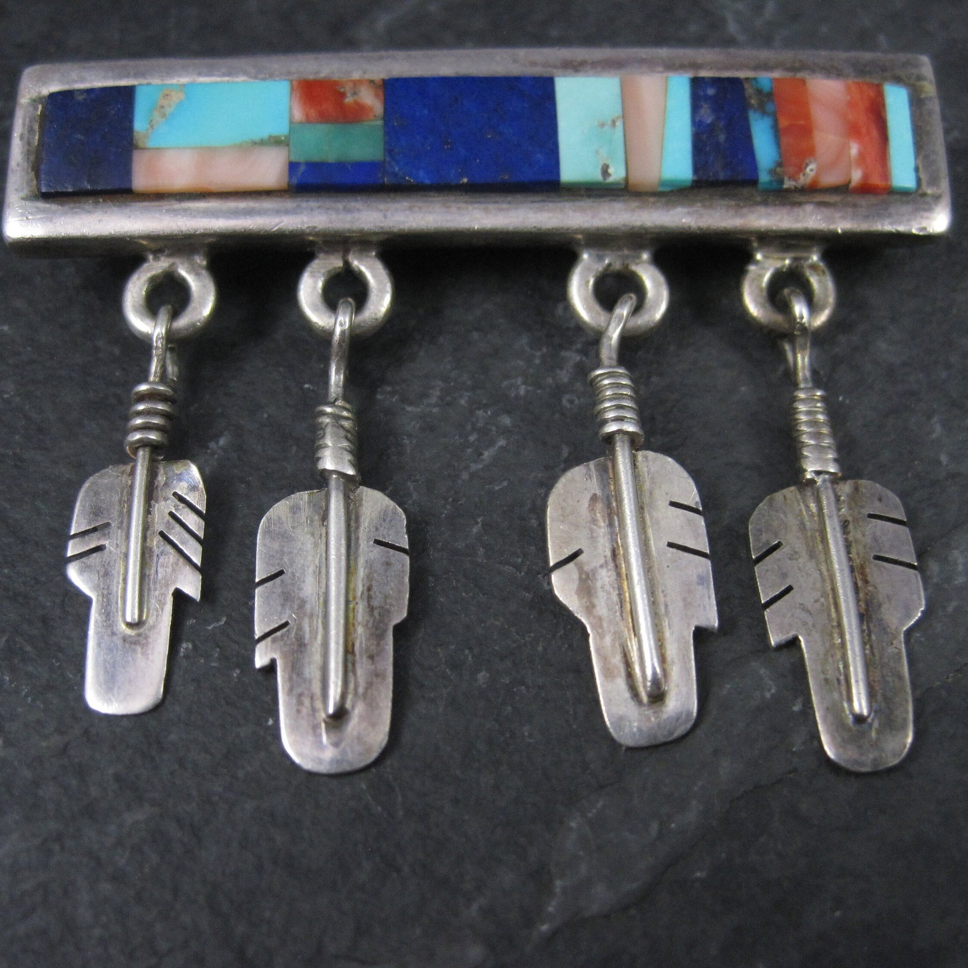 Southwestern Sterling Inlay Feather Brooch Signed