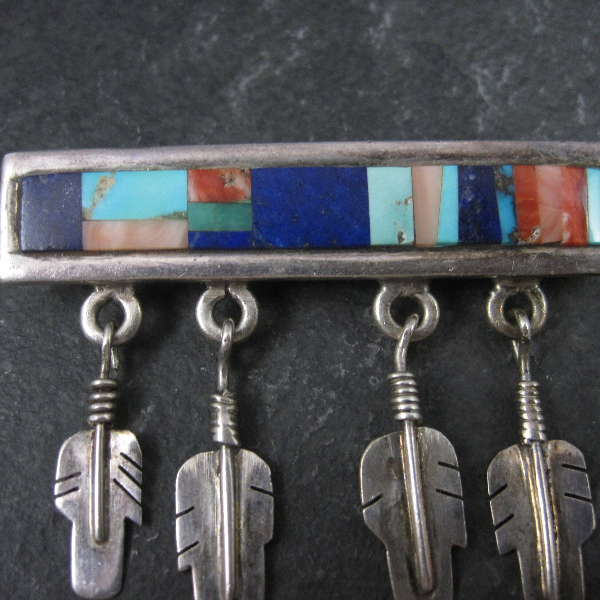 Southwestern Sterling Inlay Feather Brooch Signed
