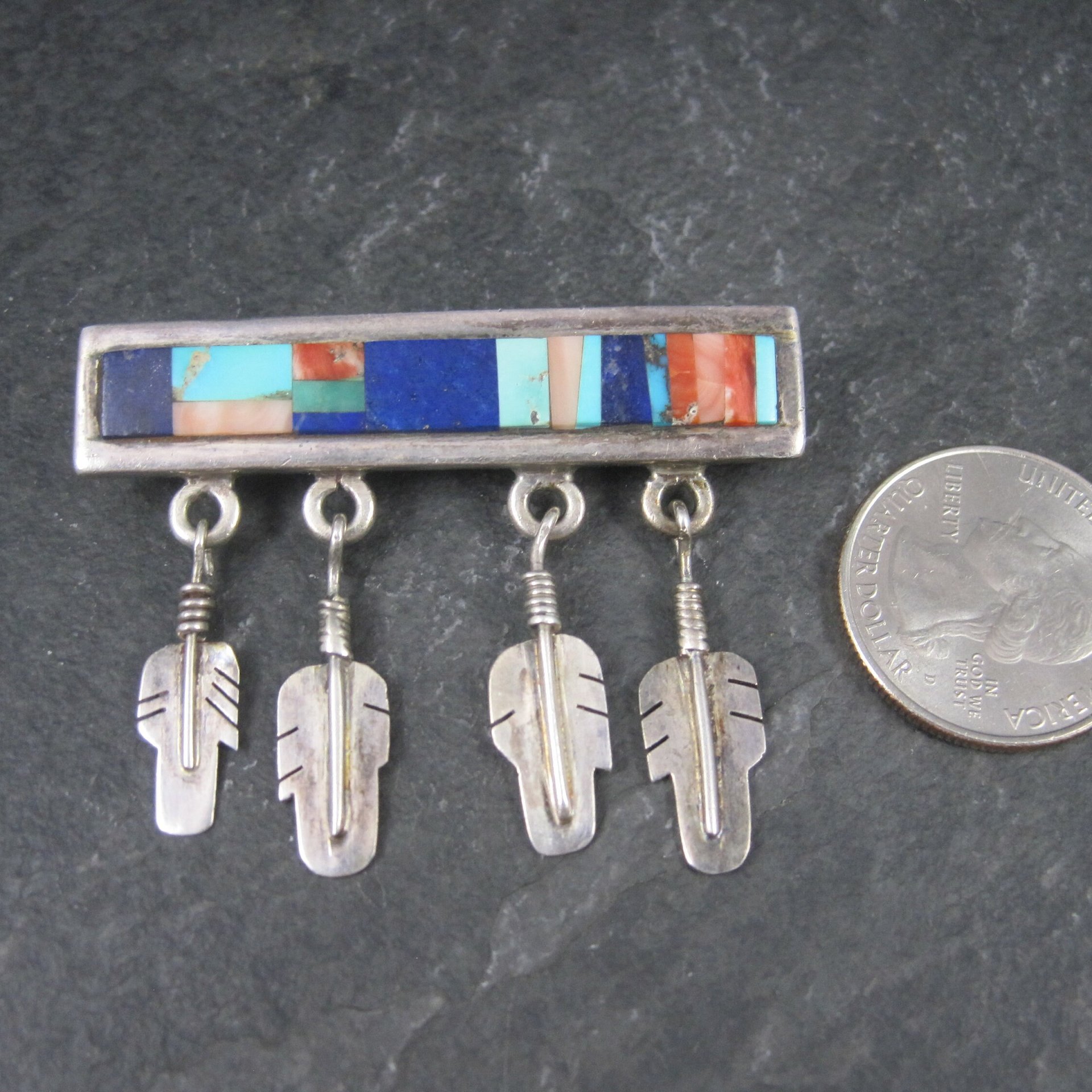 Southwestern Sterling Inlay Feather Brooch Signed