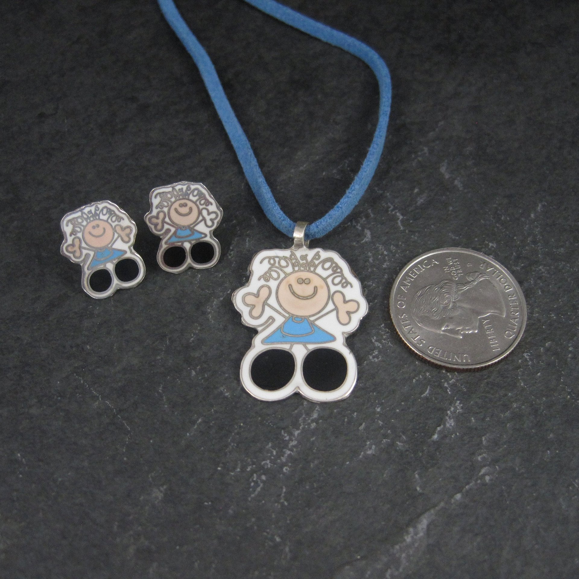 Vintage Enamel Sterling Girl Necklace Earrings Jewelry Set
