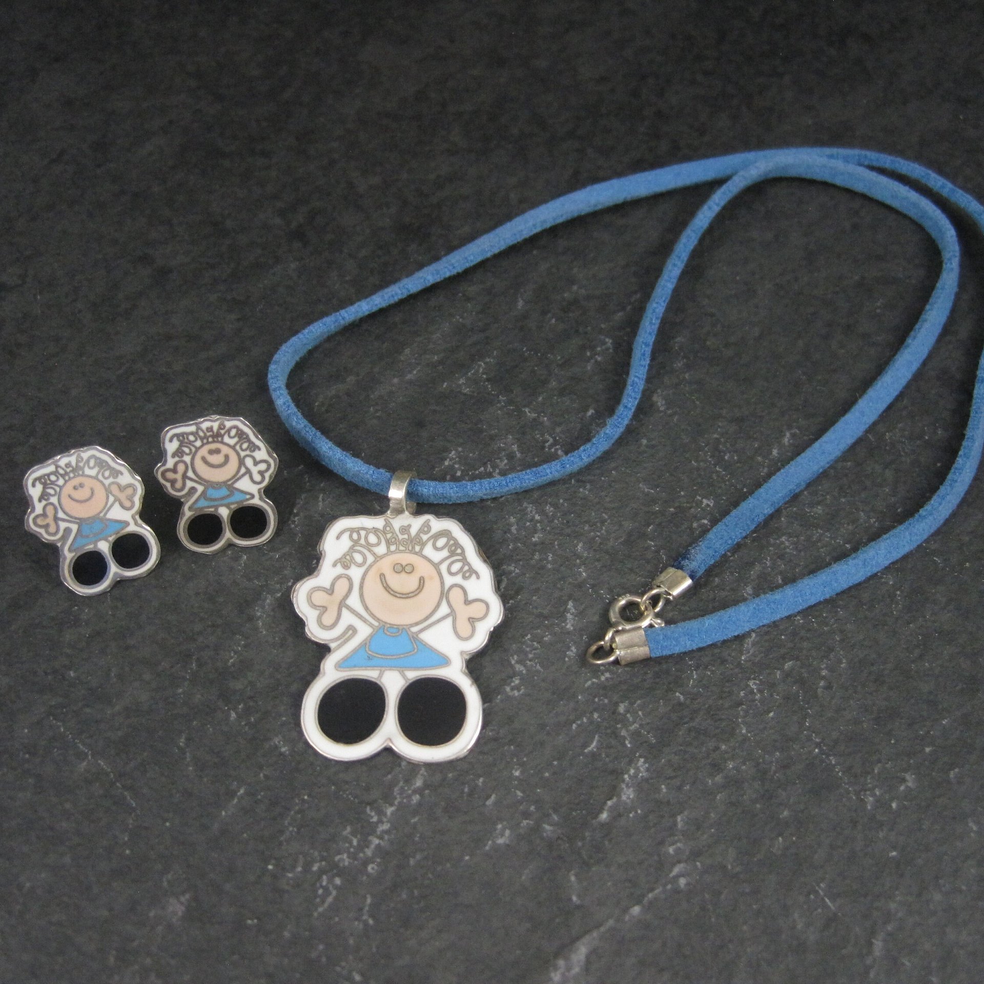 Vintage Enamel Sterling Girl Necklace Earrings Jewelry Set