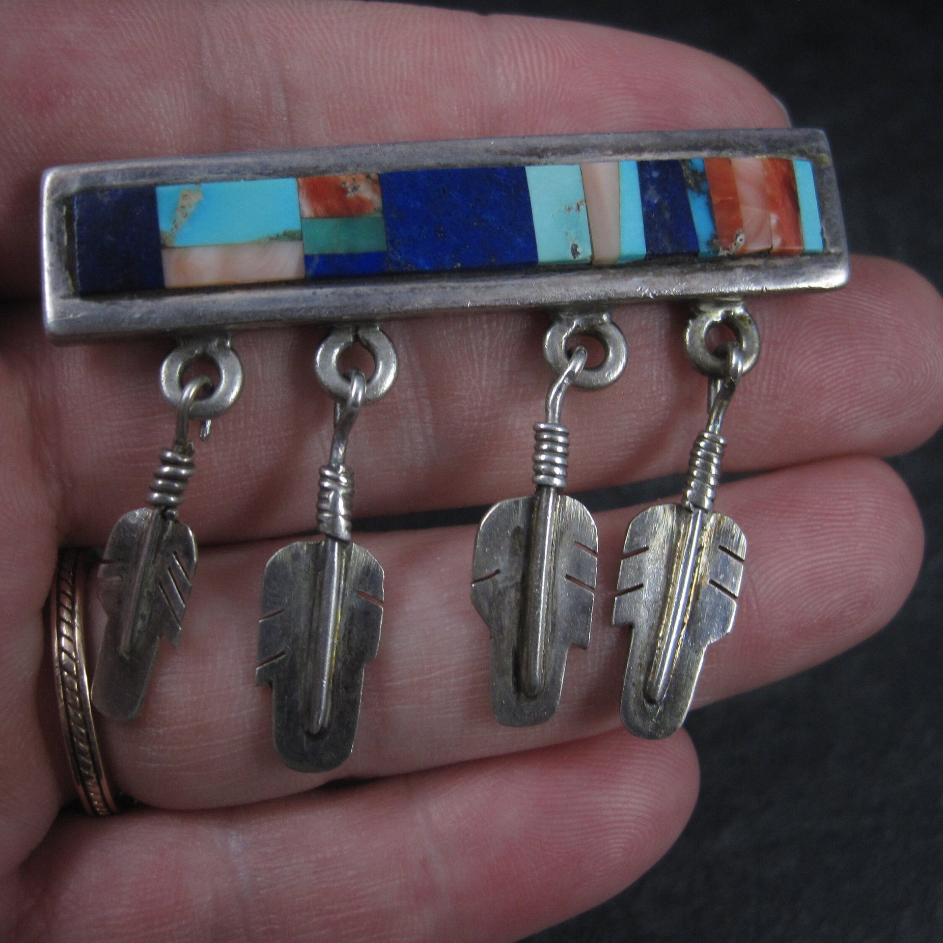 Southwestern Sterling Inlay Feather Brooch Signed