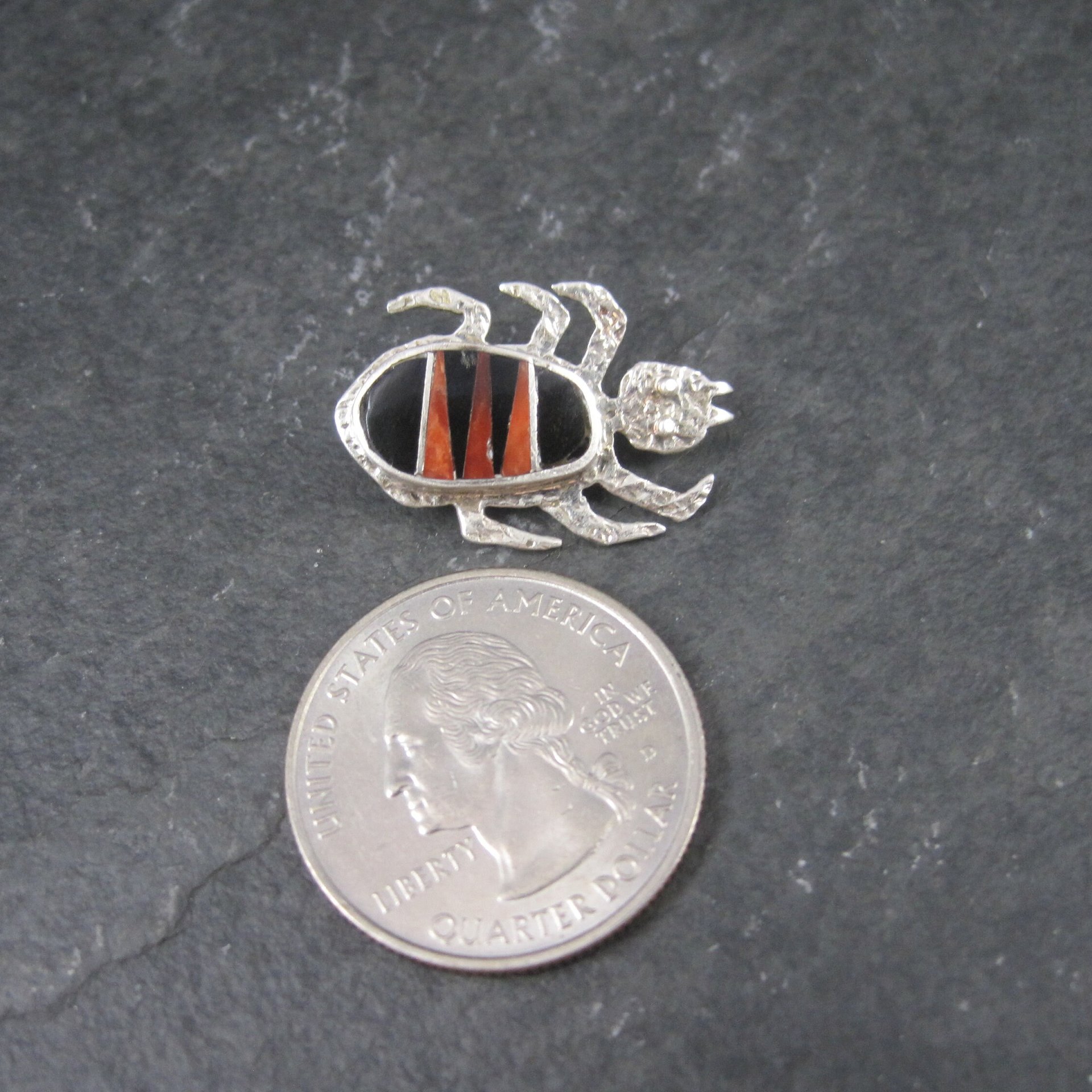 Southwestern Sterling Coral Jet Beetle Brooch Pin