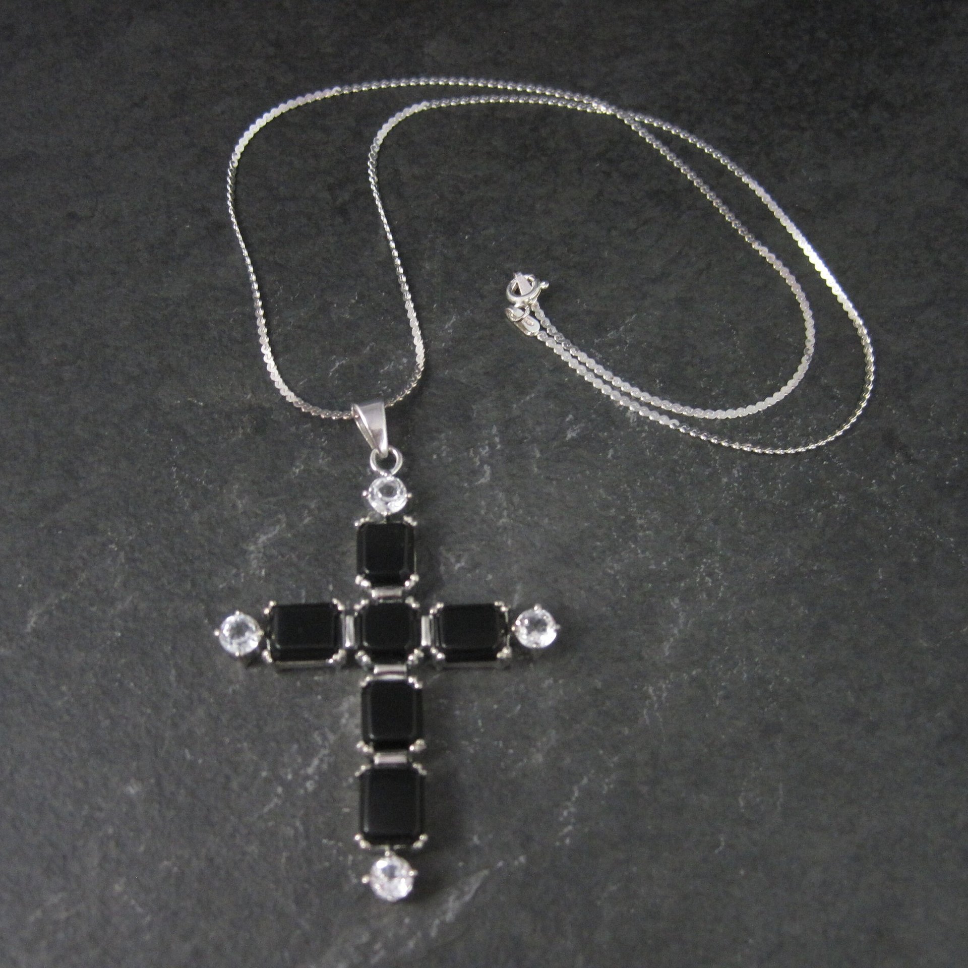 Estate Sterling Black White Topaz Cross Pendant Necklace