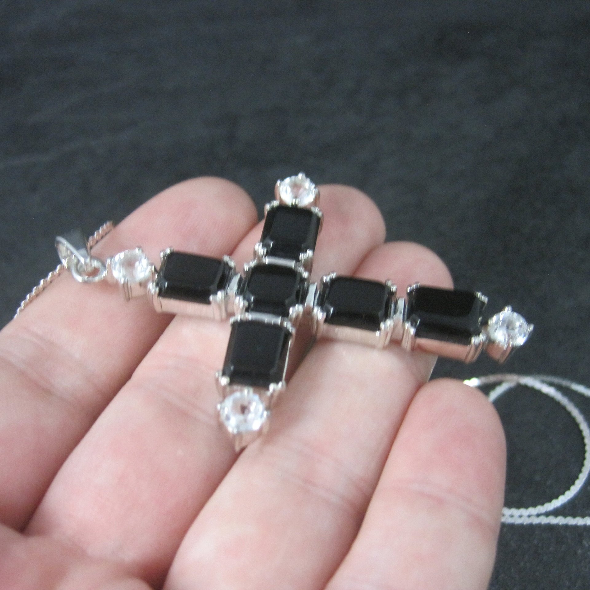 Estate Sterling Black White Topaz Cross Pendant Necklace