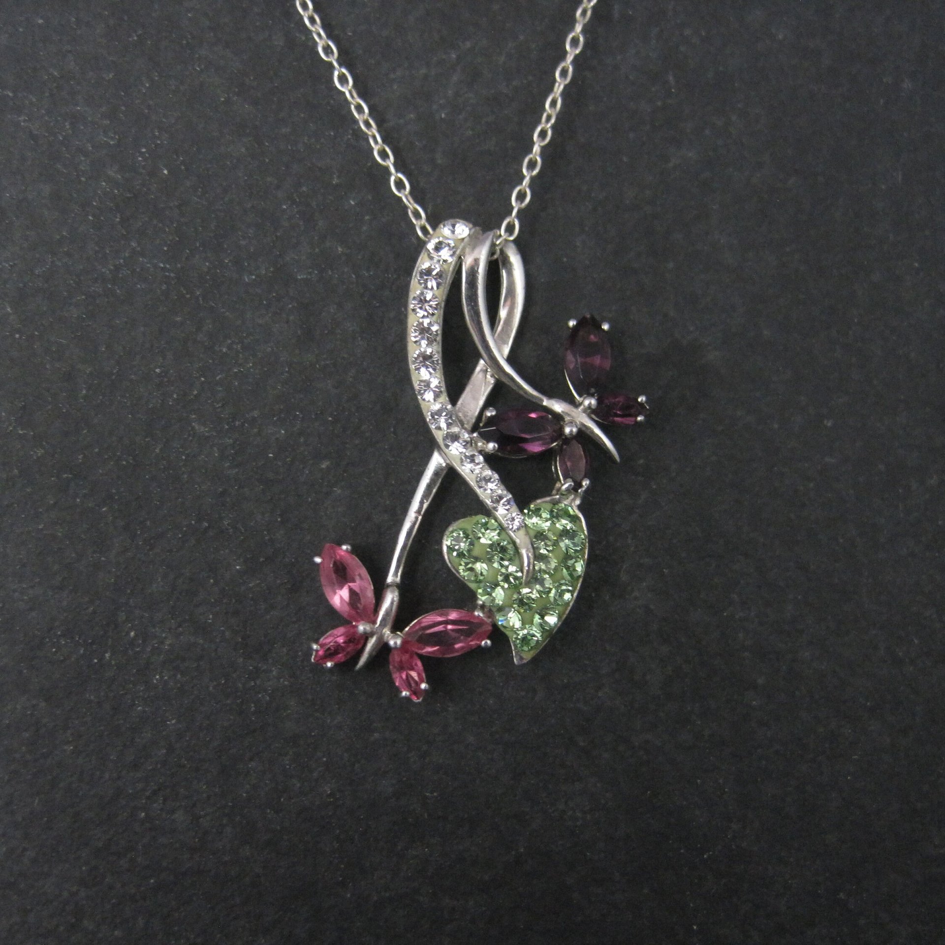 Estate Sterling Pink Purple Butterfly Pendant Necklace