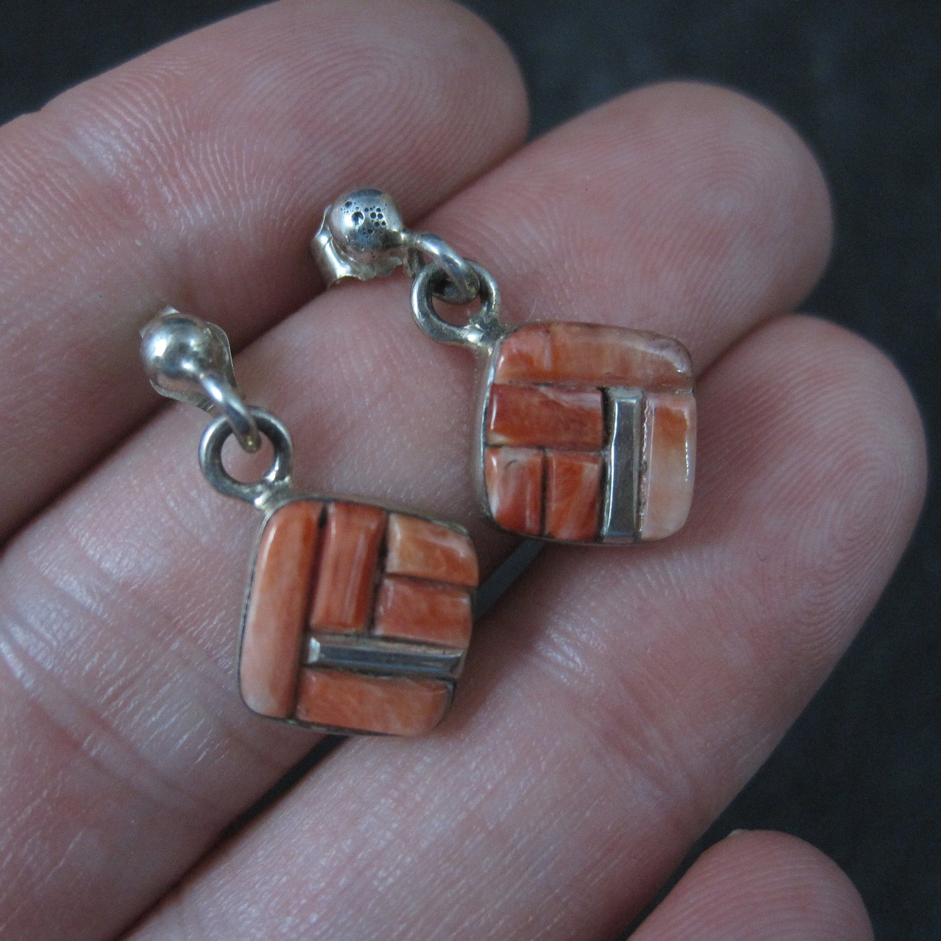 Southwestern Sterling Coral Inlay Earrings