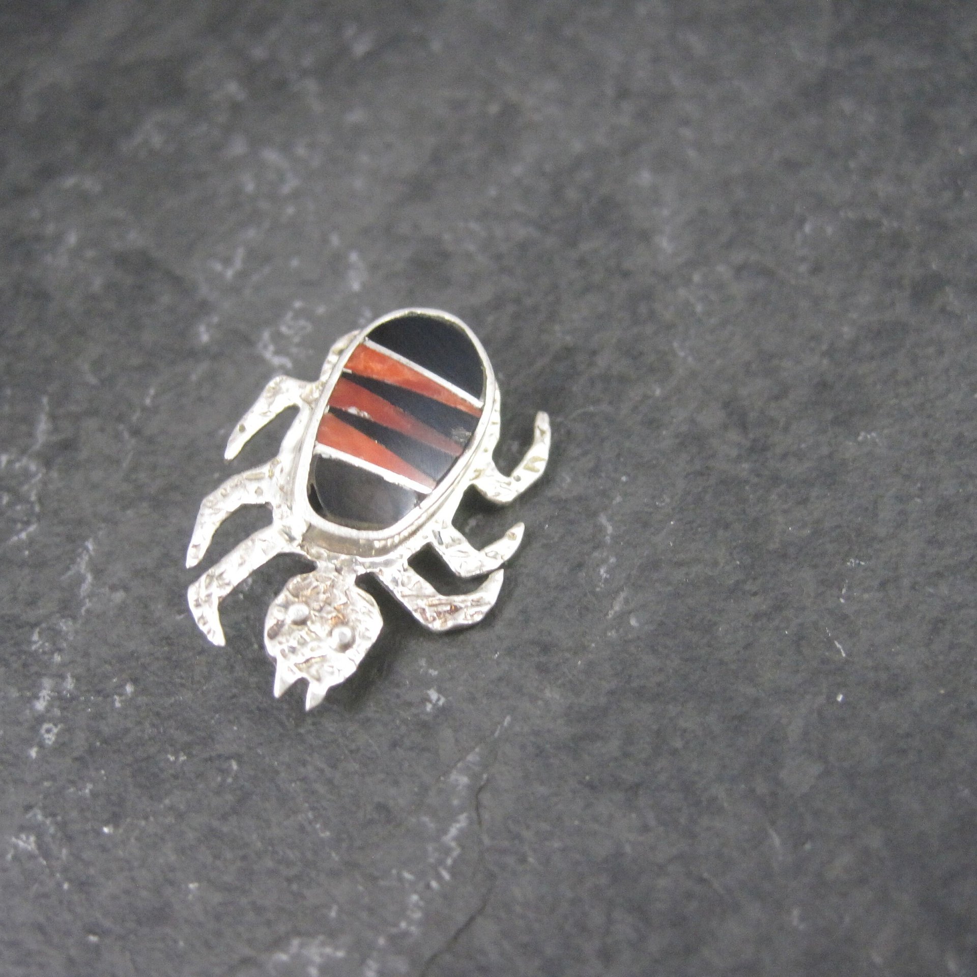Southwestern Sterling Coral Jet Beetle Brooch Pin